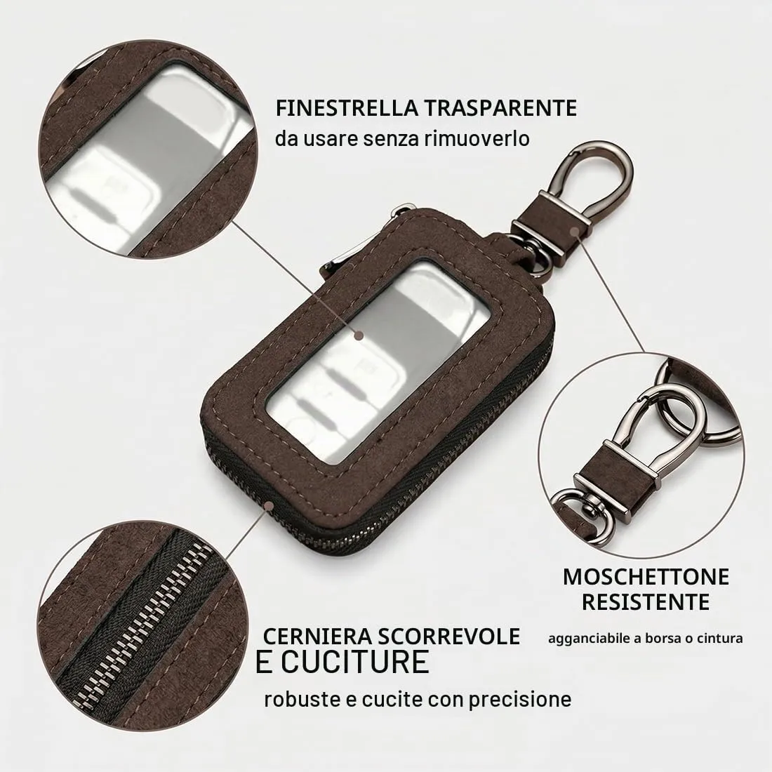 Custodia in Pelle per Chiave dell'auto, Portachiavi in Pelle, con Gancio in Metallo e Cerniera, con Finestra Trasparente (B) - immagine 5