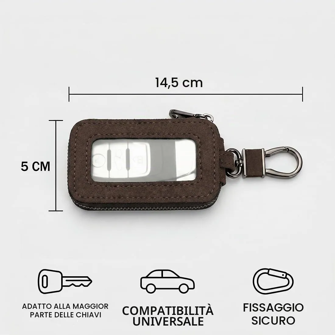 Custodia in Pelle per Chiave dell'auto, Portachiavi in Pelle, con Gancio in Metallo e Cerniera, con Finestra Trasparente (B) - immagine 6