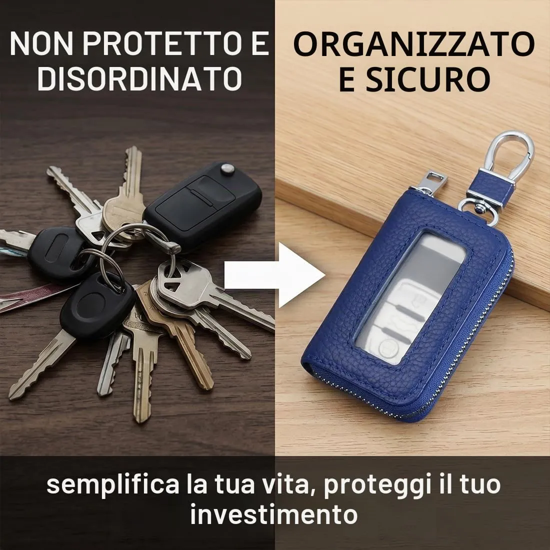 Custodia in Pelle per Chiave dell'auto, Portachiavi in Pelle, con Gancio in Metallo e Cerniera, con Finestra Trasparente (F) - immagine 2