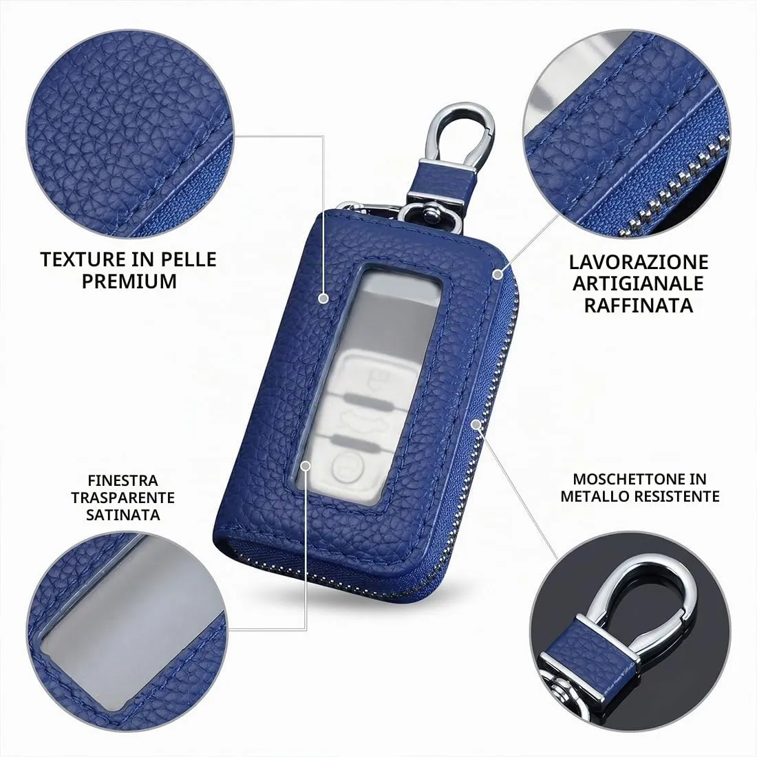 Custodia in Pelle per Chiave dell'auto, Portachiavi in Pelle, con Gancio in Metallo e Cerniera, con Finestra Trasparente (F) - immagine 3