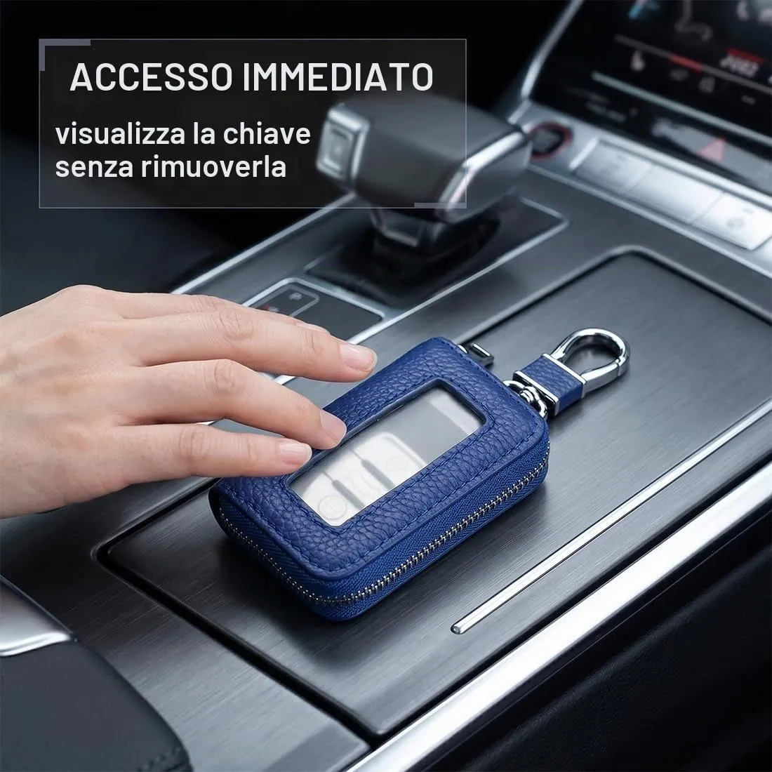 Custodia in Pelle per Chiave dell'auto, Portachiavi in Pelle, con Gancio in Metallo e Cerniera, con Finestra Trasparente (F) - immagine 4