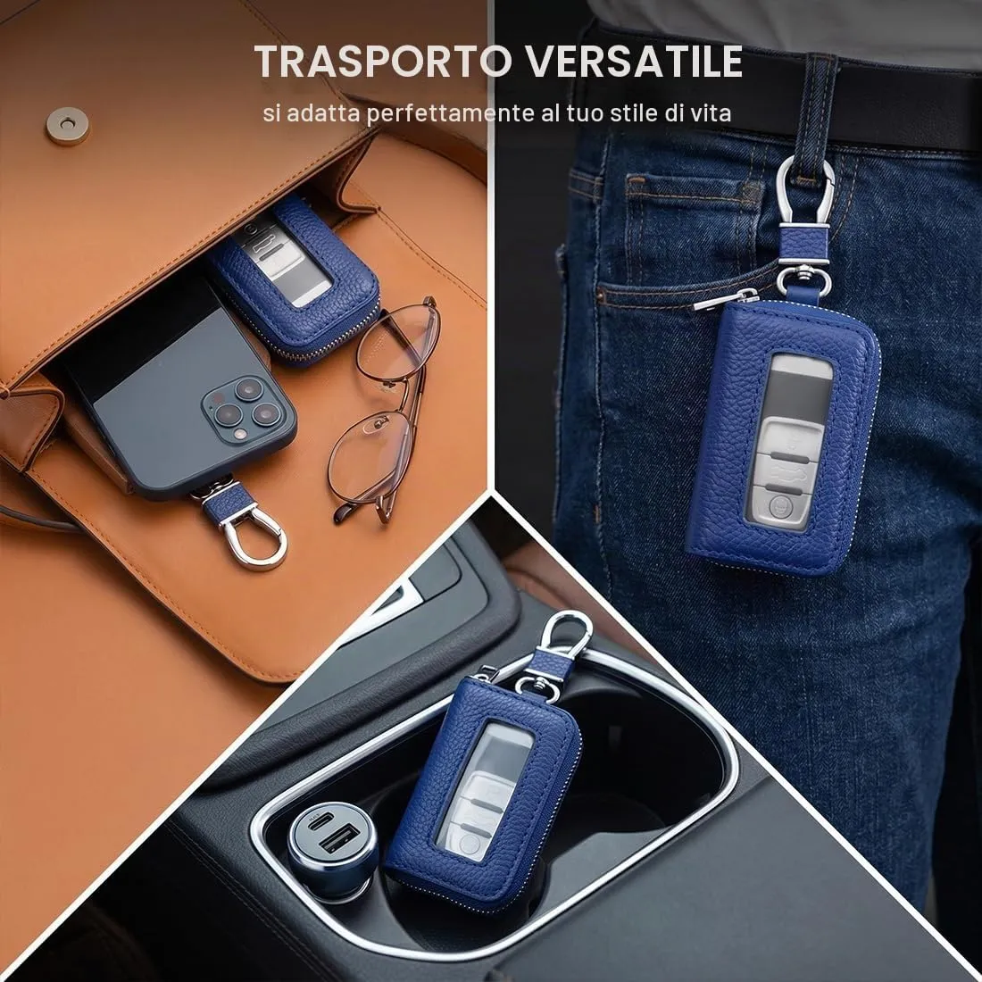 Custodia in Pelle per Chiave dell'auto, Portachiavi in Pelle, con Gancio in Metallo e Cerniera, con Finestra Trasparente (F) - immagine 5