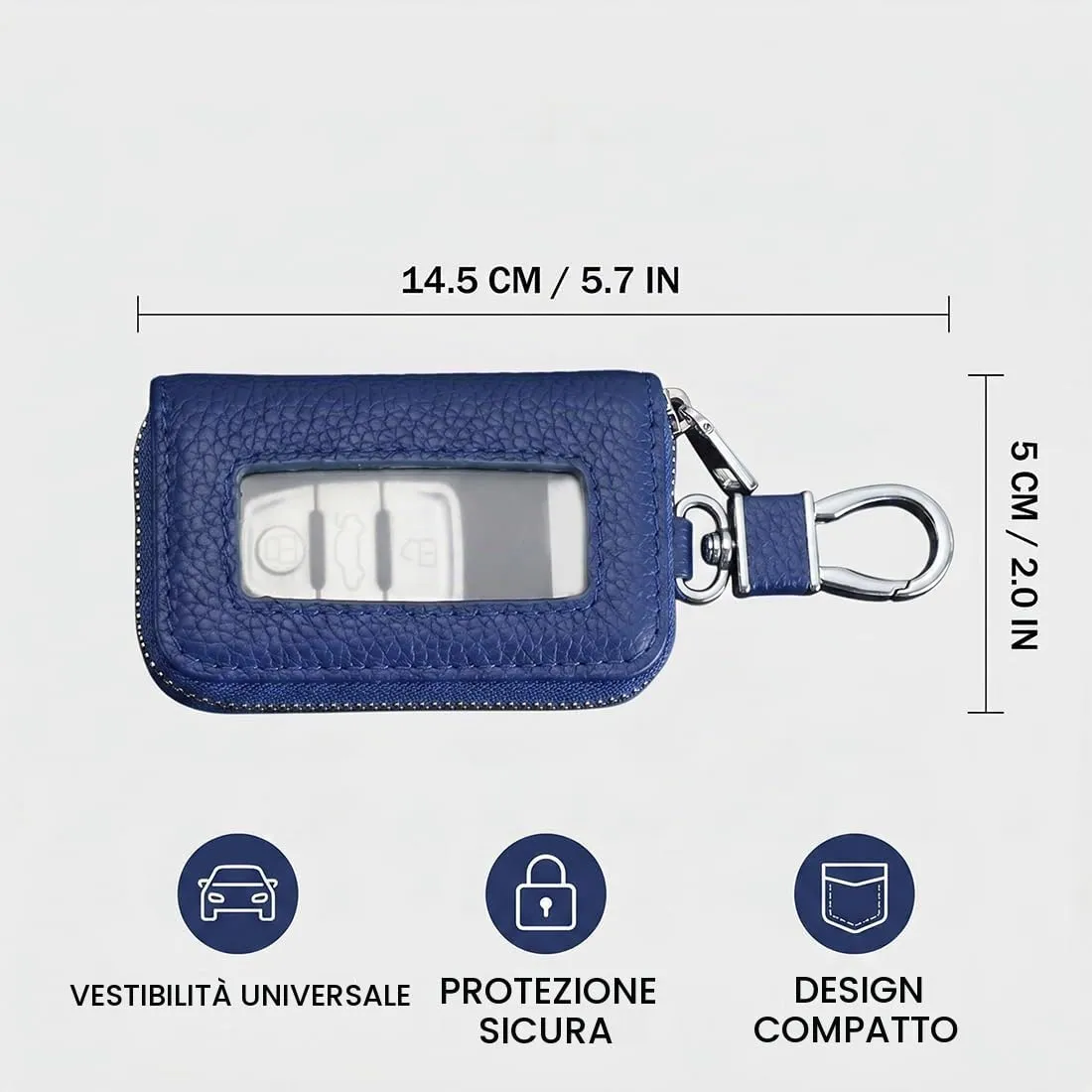 Custodia in Pelle per Chiave dell'auto, Portachiavi in Pelle, con Gancio in Metallo e Cerniera, con Finestra Trasparente (F) - immagine 6