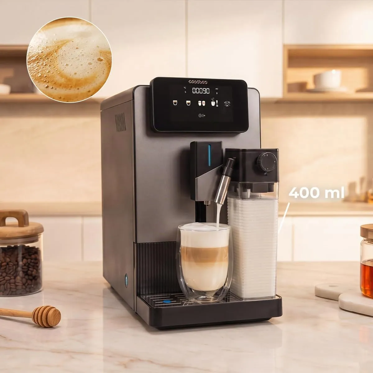 Cecotec Macchina da Caffè Superautomatica Cremmaet Latte Art Elite. 1500W, 19bar, Thermoblock, 6 Bevande, Contenitore Caffè 150g, Macinacaffè Conico, Pulizia Automatica, Serbatoio Latte 400ml - immagine 5