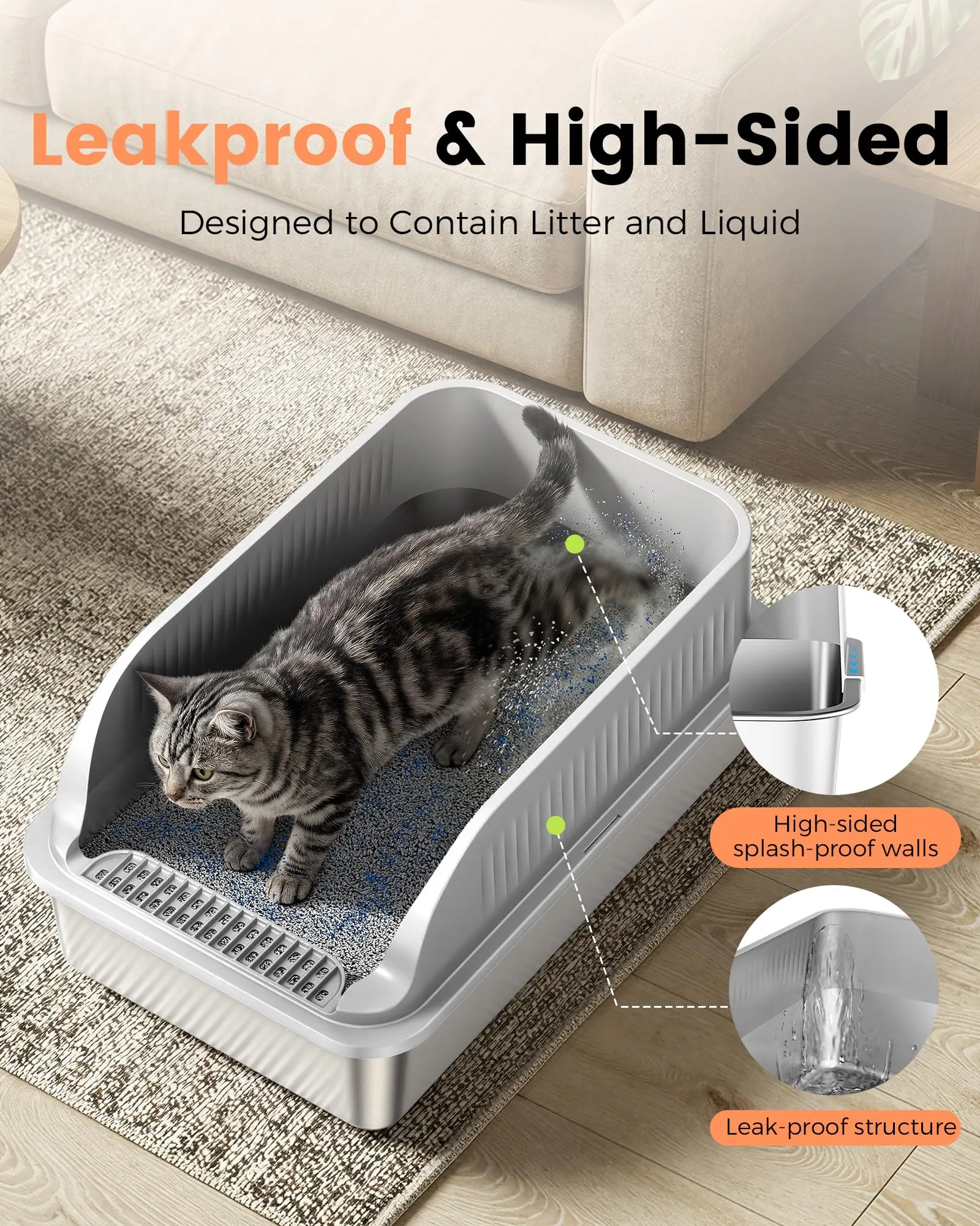 2 Pezzi Lettiera Gatto Acciaio Inox, Lettiera per Gatti con 2 Palette, Semi-Chiusa Toilette per Gatti Grande XXL, Sabbiera Alta Rimovibile, Antiodore, Facile da Pulire, Antiaderente, Grigio Chiaro - immagine 2