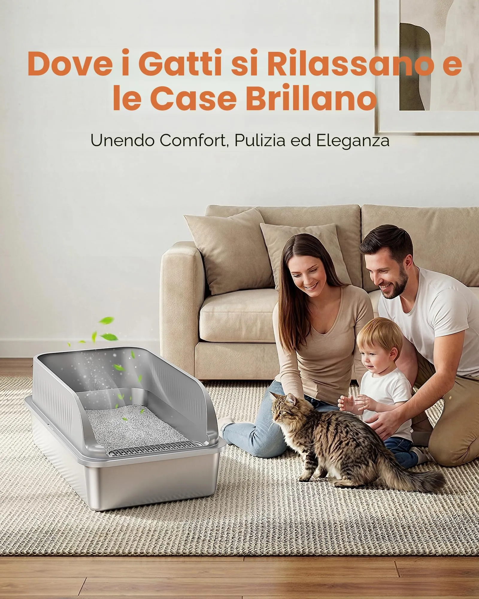 2 Pezzi Lettiera Gatto Acciaio Inox, Lettiera per Gatti con 2 Palette, Semi-Chiusa Toilette per Gatti Grande XXL, Sabbiera Alta Rimovibile, Antiodore, Facile da Pulire, Antiaderente, Grigio Chiaro - immagine 6