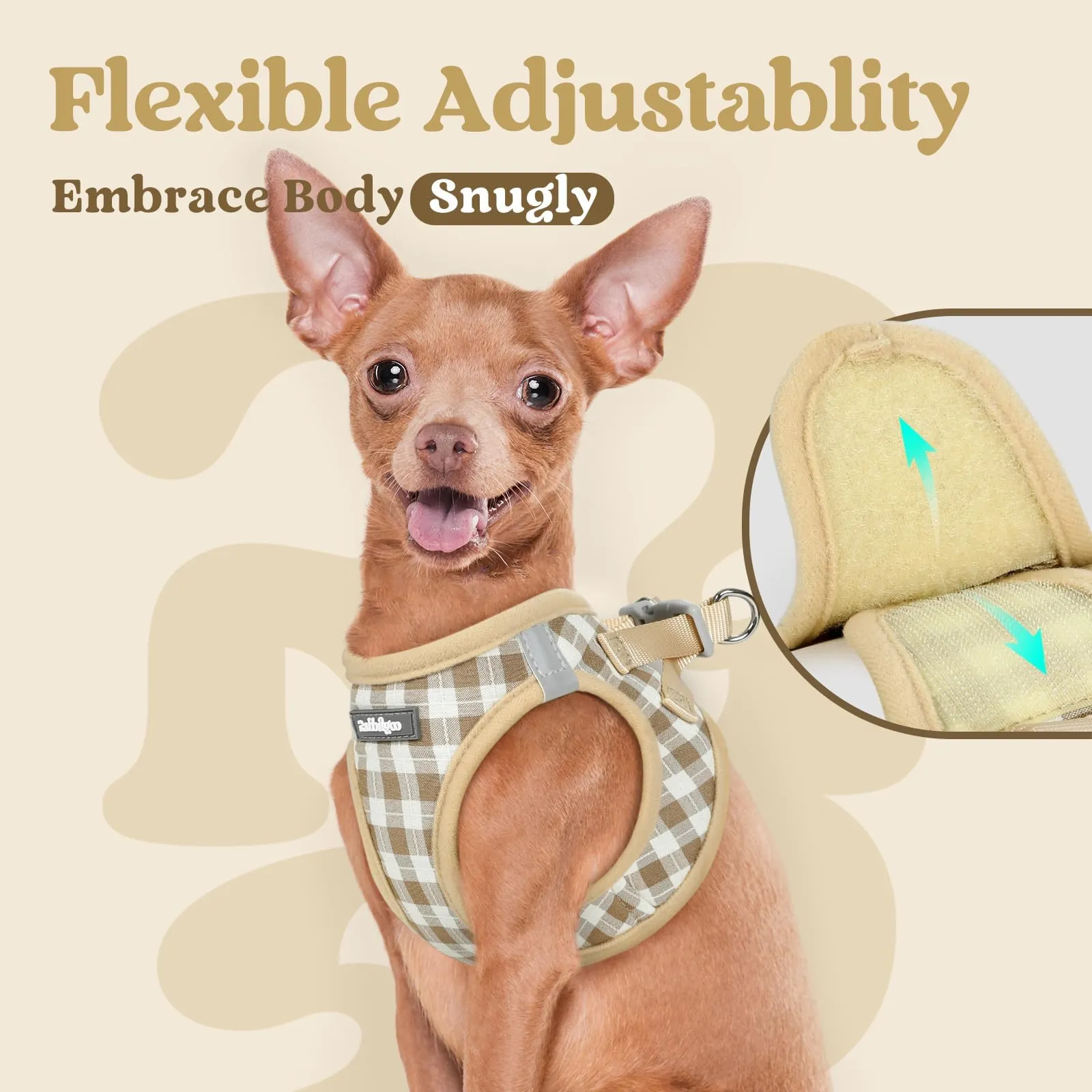 rabbitgoo Pettorina Cane Taglia Piccola, Leggero e Morbido, Quadri Beige L - immagine 7