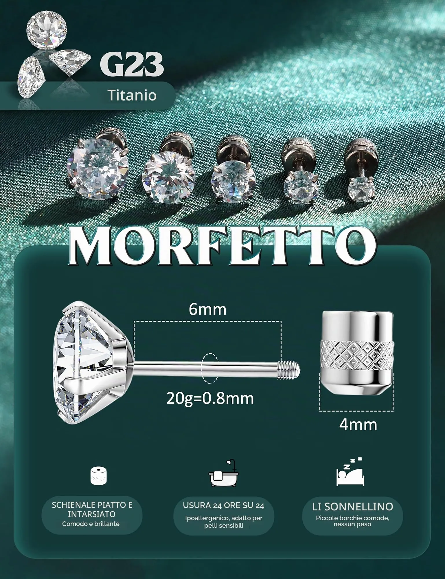 Morfetto Orecchini Titanio G23 Anallergici Con Zircone Cubica Donna Uomo - Piercing Orecchio Helix Trago Conch Titanio Orecchini Punto Luce Orecchie Sensibili Unisex Gioielli Argento 3MM - immagine 2