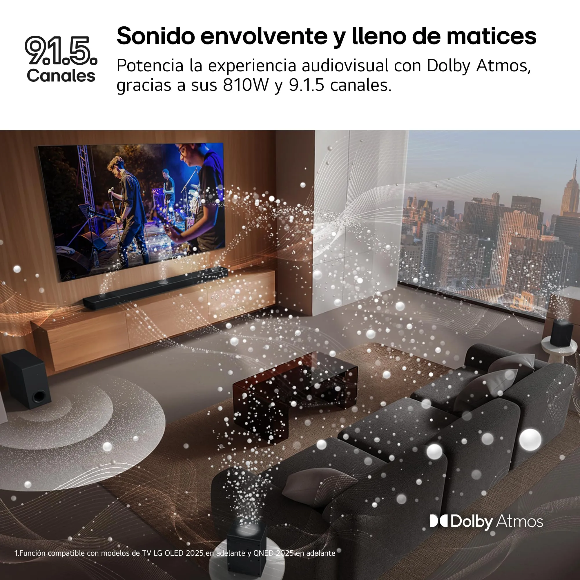 LG S95AR - Soundbar 9.1.5 con Dolby Atmos e DTS:X, 810 W di potenza, subwoofer wireless e altoparlanti posteriori, audio ad alta risoluzione (Hi-Res), Bluetooth, IA Ready, nero - immagine 5