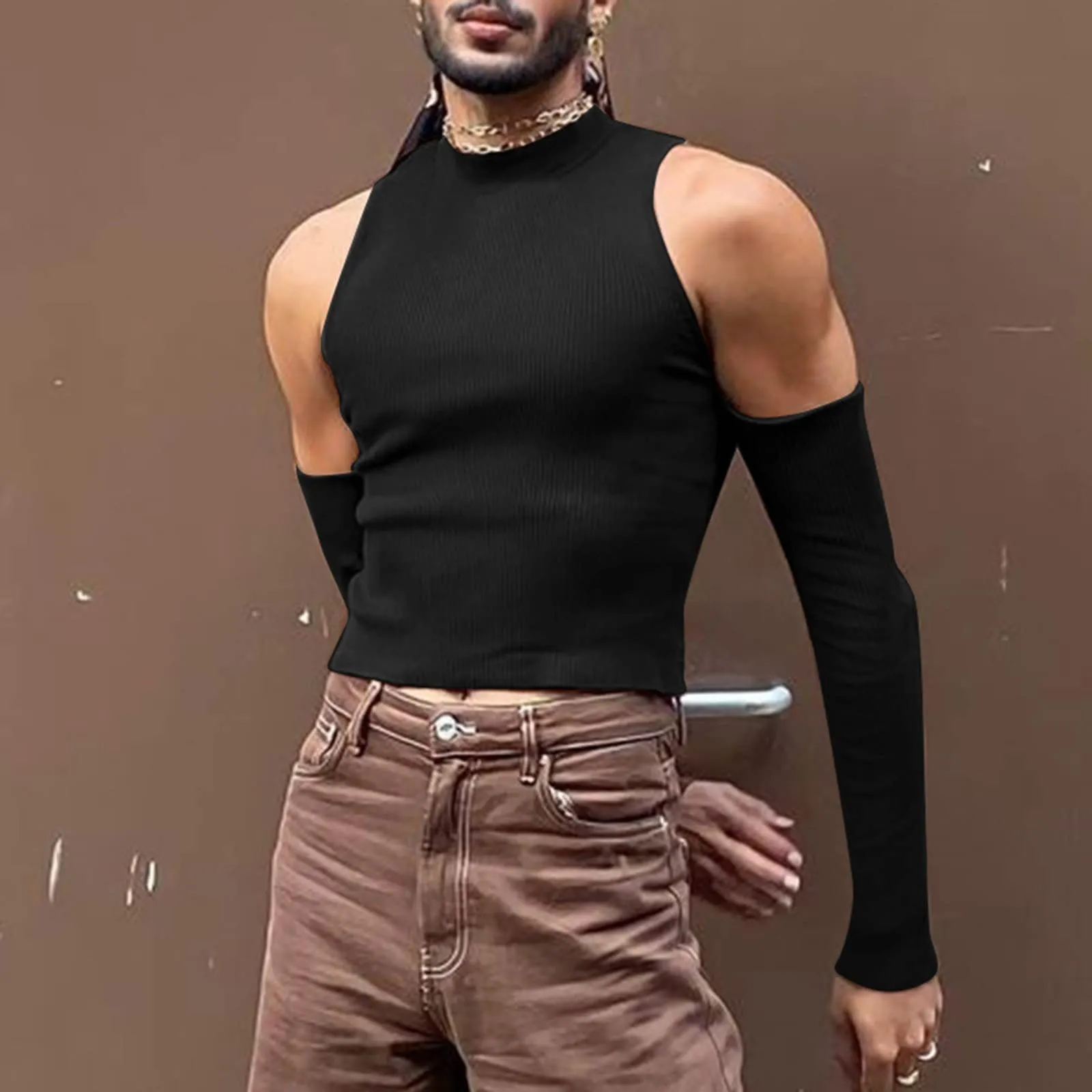 Duohropke Canottiera sportiva da uomo a collo alto, senza maniche, per palestra, sport, crop, per allenamento, bodybuilding, fitness, ascelle, estive, spiaggia, per il tempo libero, 03 nero., 4XL - immagine 2