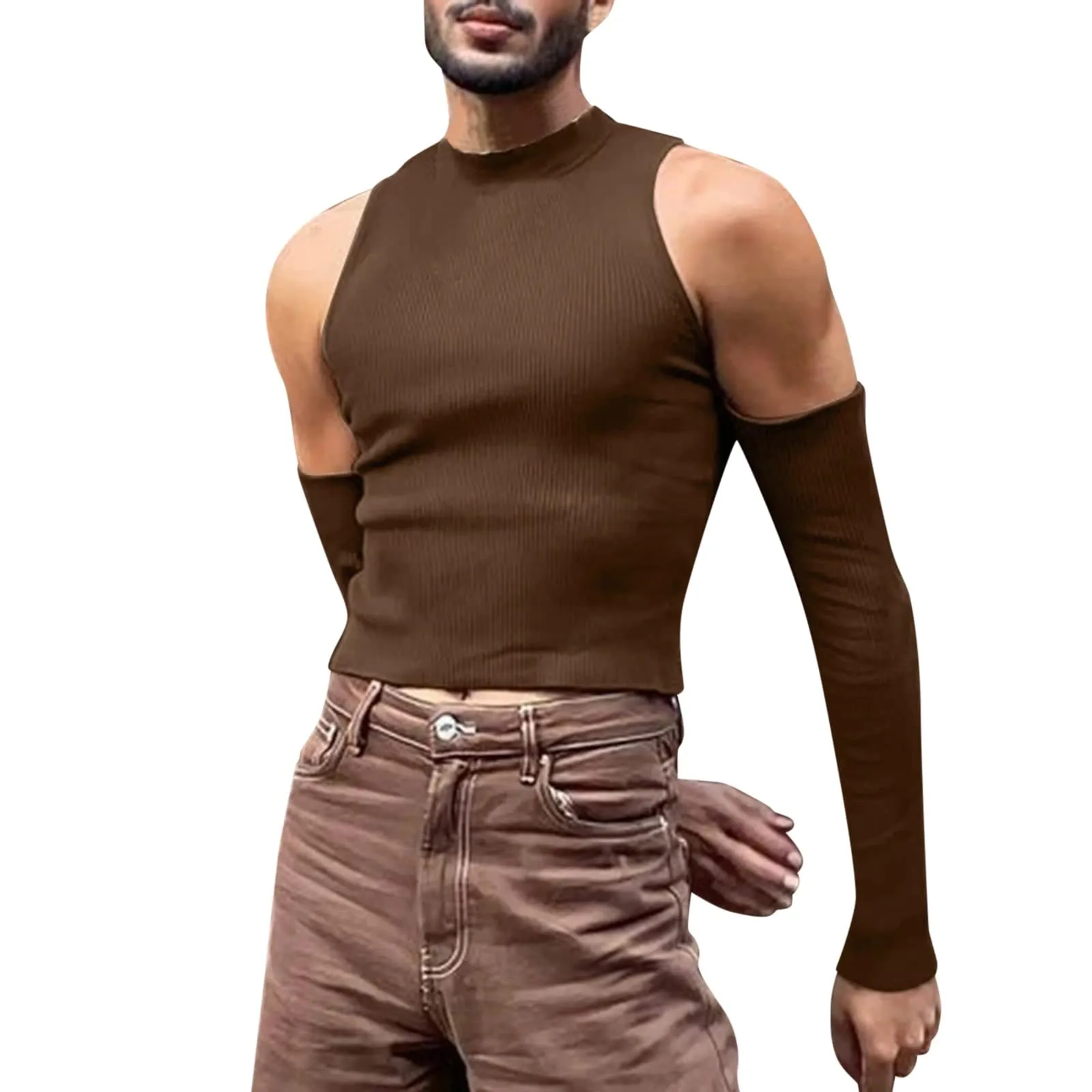 Duohropke Canottiera sportiva da uomo a collo alto, senza maniche, per palestra, sport, crop, per allenamento, bodybuilding, fitness, ascelle, estive, spiaggia, per il tempo libero, 03 caffè, XL - immagine 1
