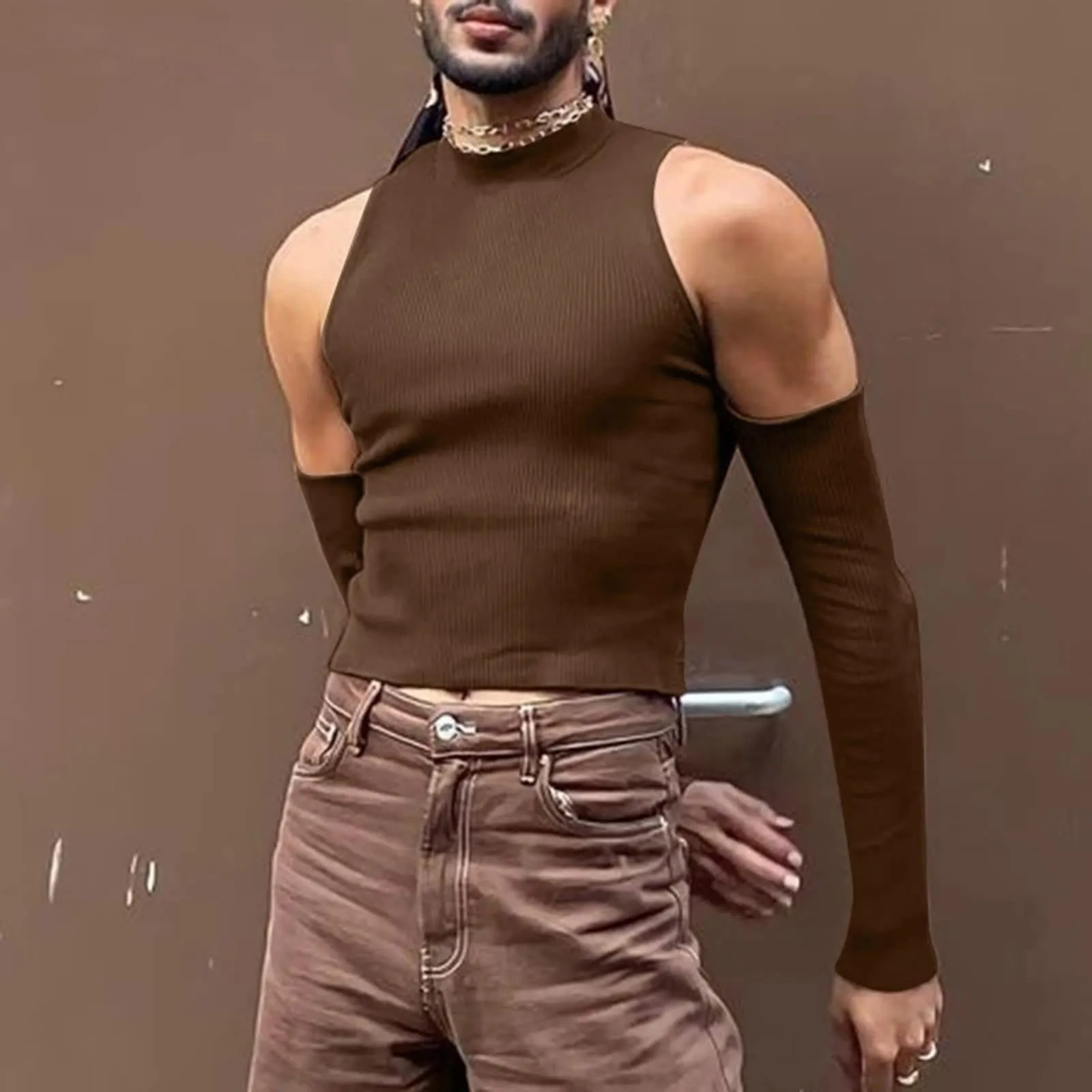 Duohropke Canottiera sportiva da uomo a collo alto, senza maniche, per palestra, sport, crop, per allenamento, bodybuilding, fitness, ascelle, estive, spiaggia, per il tempo libero, 03 caffè, XL - immagine 2