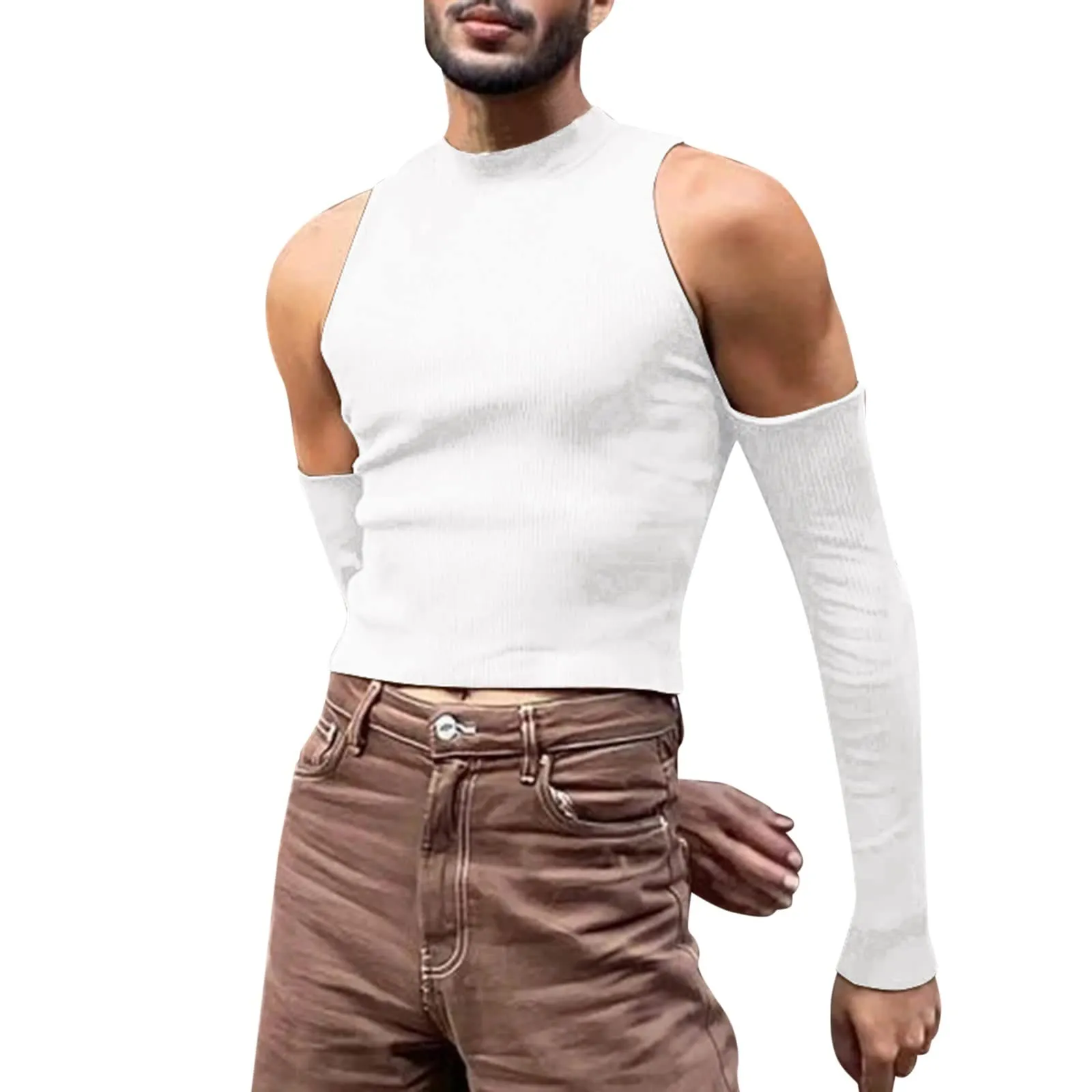Duohropke Canottiera sportiva da uomo a collo alto, senza maniche, per palestra, sport, crop, per allenamento, bodybuilding, fitness, ascelle, estive, spiaggia, per il tempo libero, 03 bianco., M - immagine 1