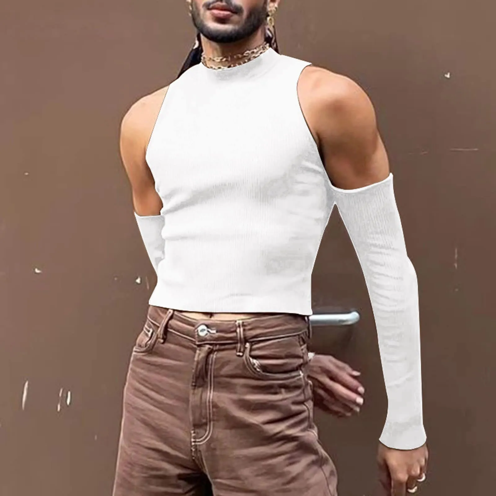 Duohropke Canottiera sportiva da uomo a collo alto, senza maniche, per palestra, sport, crop, per allenamento, bodybuilding, fitness, ascelle, estive, spiaggia, per il tempo libero, 03 bianco., M - immagine 2