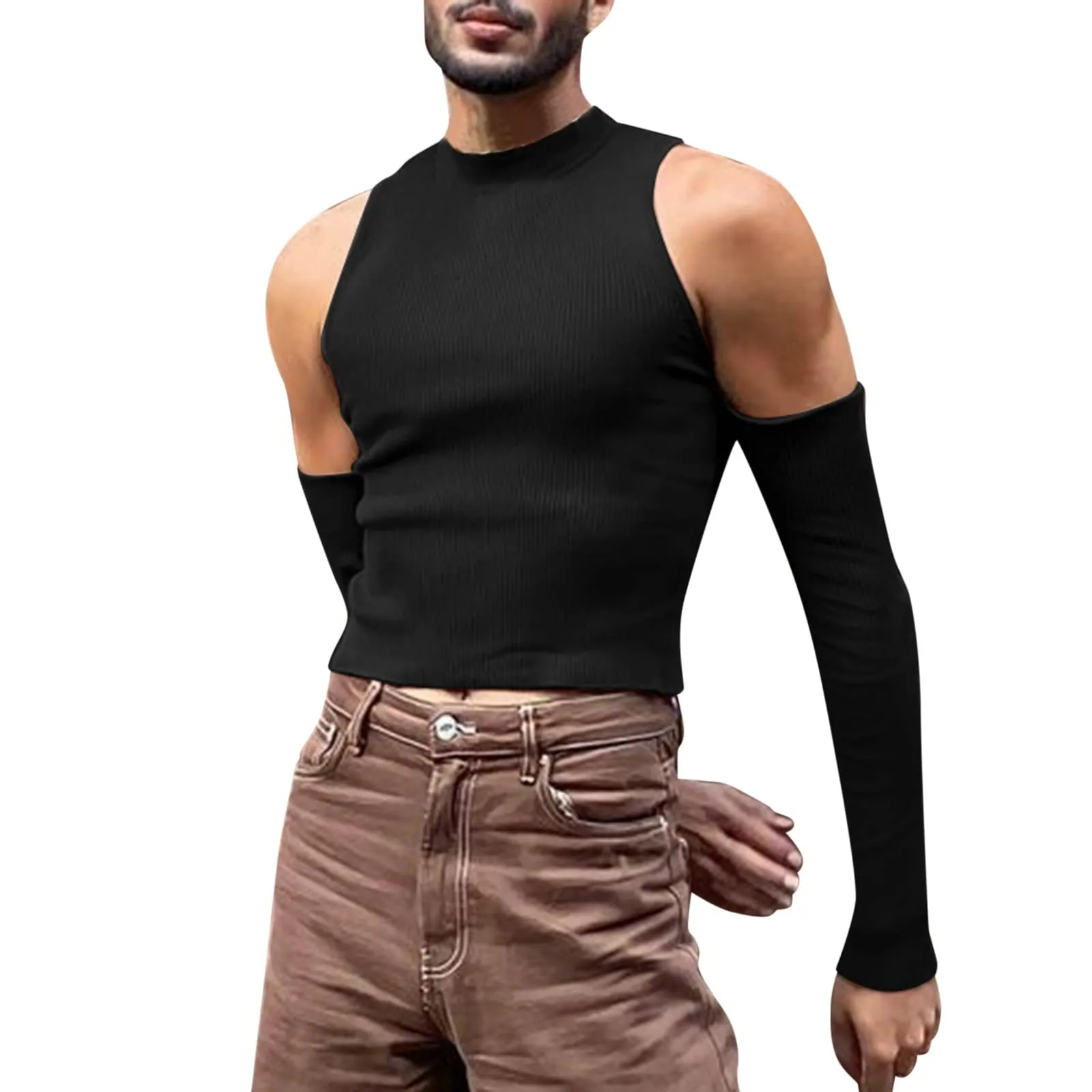 Duohropke Canottiera sportiva da uomo a collo alto, senza maniche, per palestra, sport, crop, per allenamento, bodybuilding, fitness, ascelle, estive, spiaggia, per il tempo libero, 03 nero., L - immagine 1