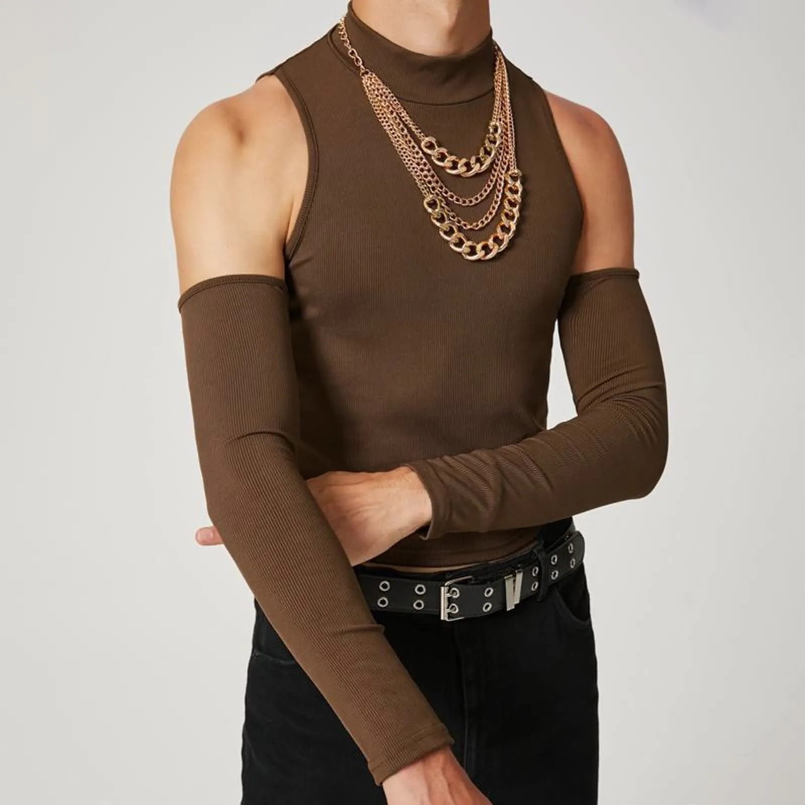 Duohropke Canottiera sportiva da uomo a collo alto, senza maniche, per palestra, sport, crop, per allenamento, bodybuilding, fitness, ascelle, estive, spiaggia, per il tempo libero, 03 caffè, M - immagine 6