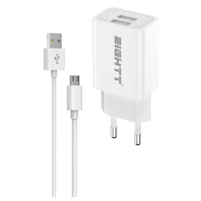 Eightt ECW-M 2x USB-A Caricabatterie per smartphone con cavo micro USB bianco - immagine 1
