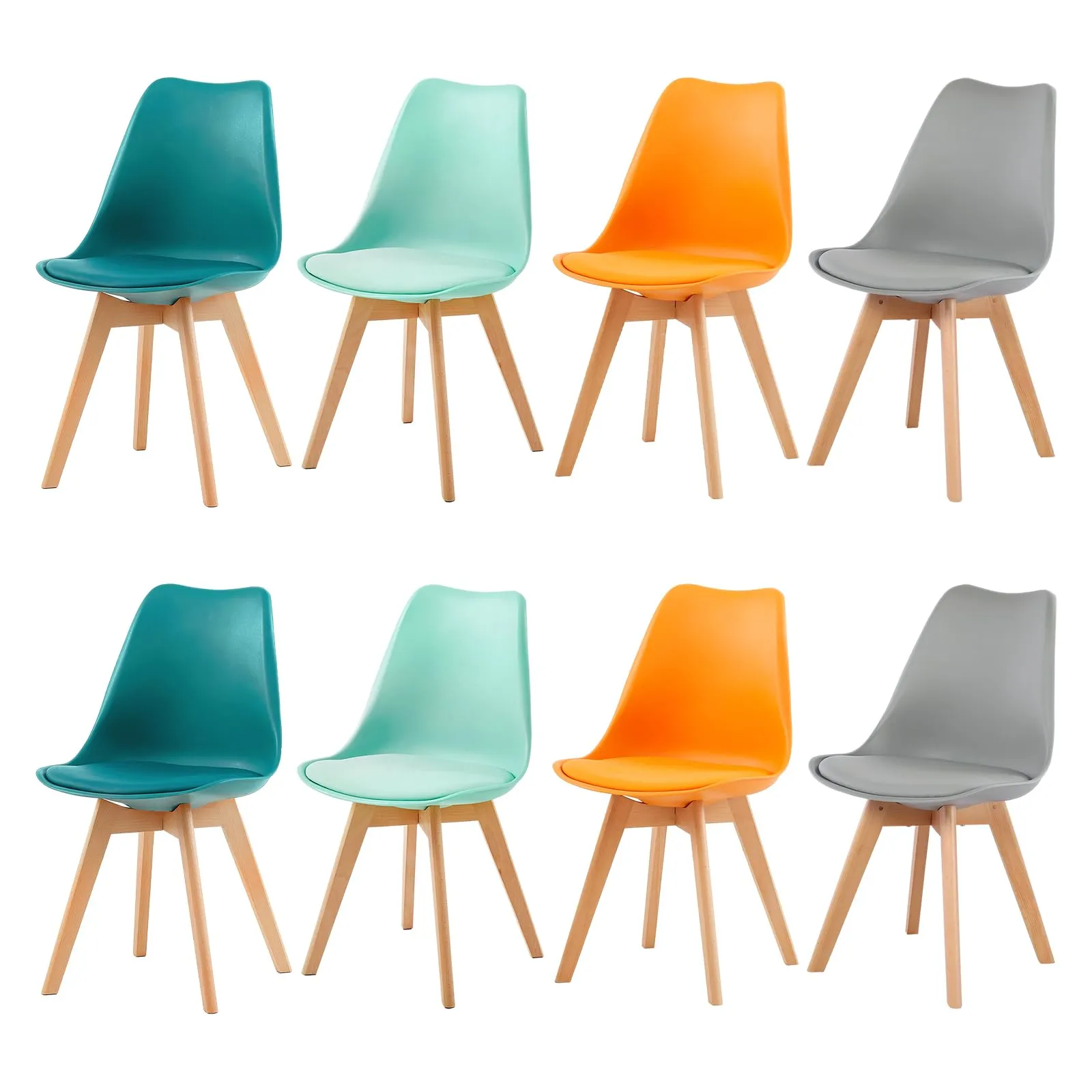 EGGREE Set di 8 Sedie da Sala da Pranzo con Gambe in Faggio Massiccio Cuscino in PU Sedie da Cucina Ufficio con Design Moderno e Scandinavo, Grigio+Turchese +Verde Menta+Arancione - immagine 1