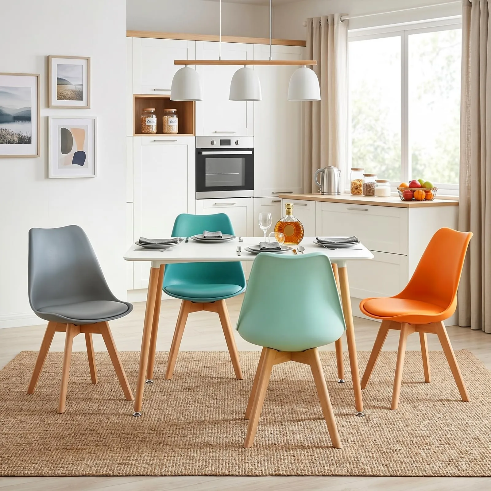 EGGREE Set di 8 Sedie da Sala da Pranzo con Gambe in Faggio Massiccio Cuscino in PU Sedie da Cucina Ufficio con Design Moderno e Scandinavo, Grigio+Turchese +Verde Menta+Arancione - immagine 4