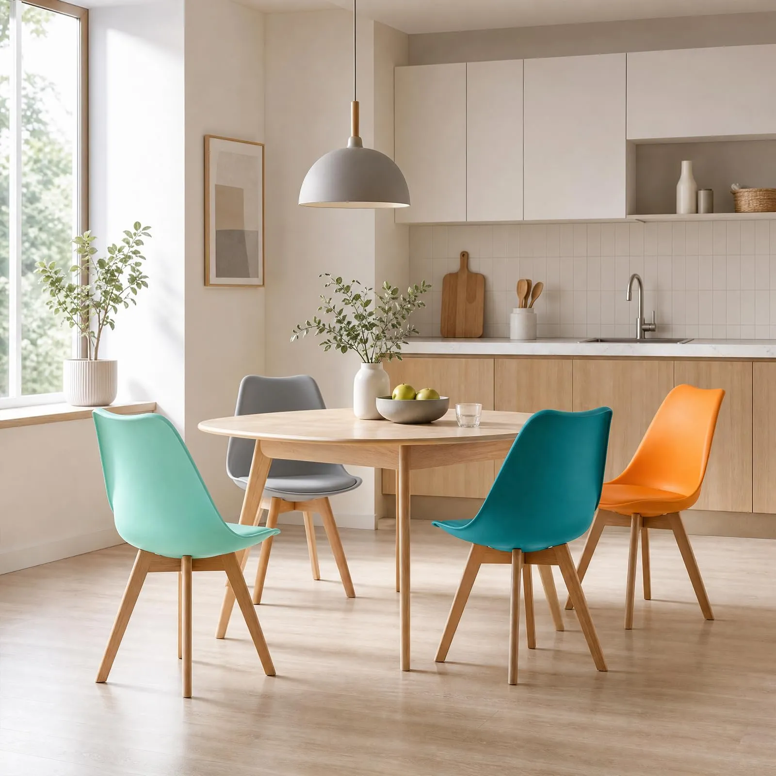 EGGREE Set di 8 Sedie da Sala da Pranzo con Gambe in Faggio Massiccio Cuscino in PU Sedie da Cucina Ufficio con Design Moderno e Scandinavo, Grigio+Turchese +Verde Menta+Arancione - immagine 6