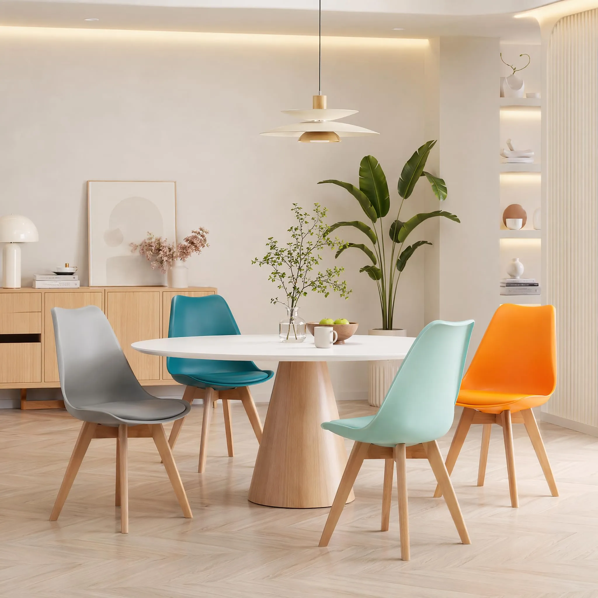 EGGREE Set di 8 Sedie da Sala da Pranzo con Gambe in Faggio Massiccio Cuscino in PU Sedie da Cucina Ufficio con Design Moderno e Scandinavo, Grigio+Turchese +Verde Menta+Arancione - immagine 8