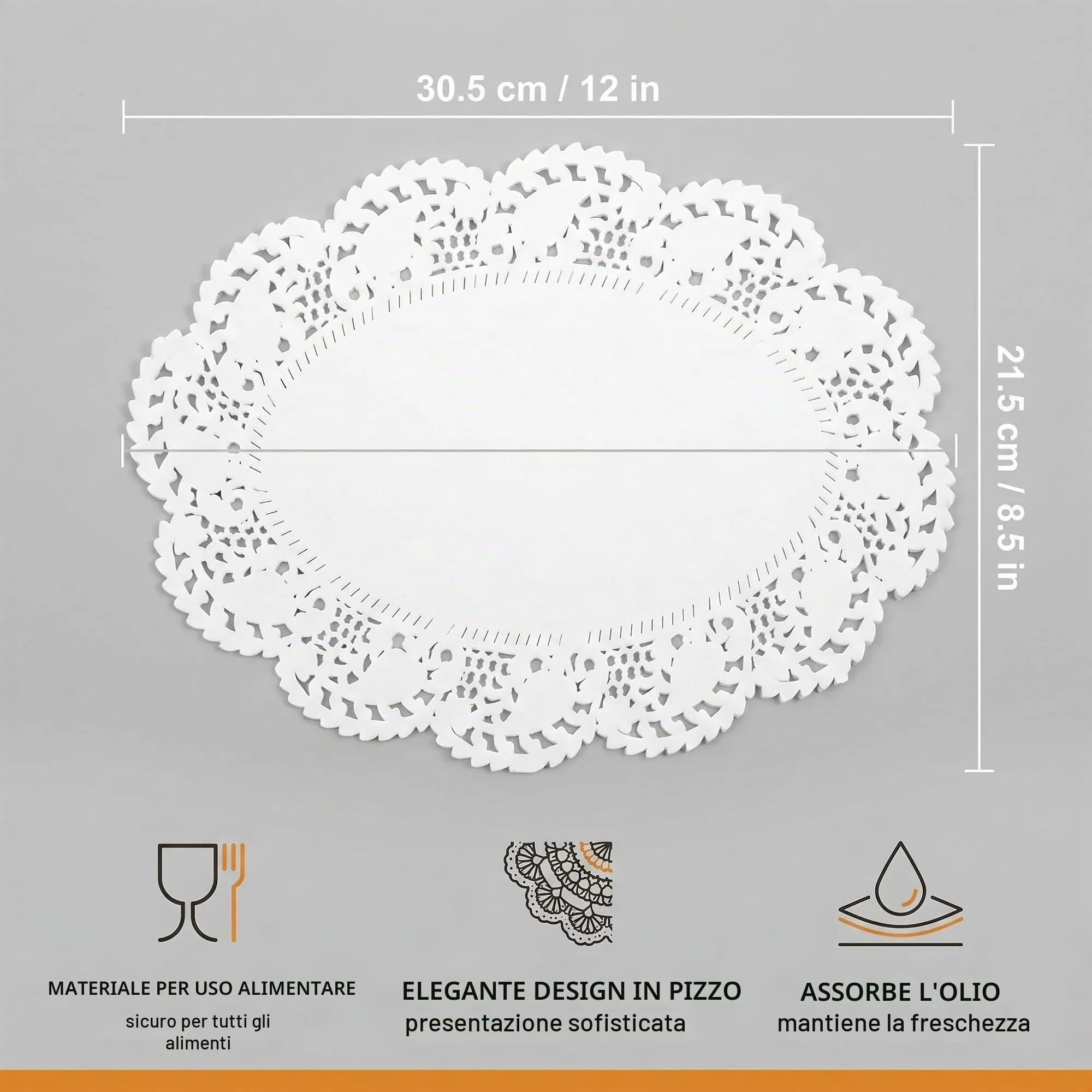 150 Pezzi Centrini di Carta Pizzo Ovali 30,5 x 21,5 cm, Tovagliette Carta Monouso Antiunto per Dolci e Fritti, Sottotorta Eleganti per Feste, Catering e Buffet, Bianco - immagine 7