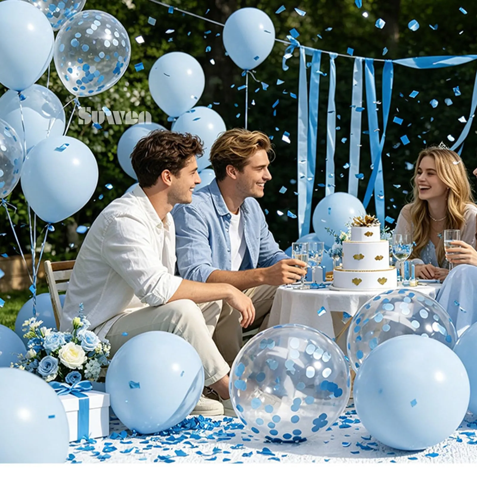 SUWEN 47Pcs Blu Chiaro Lattice Confetti Palloncini Set - immagine 4
