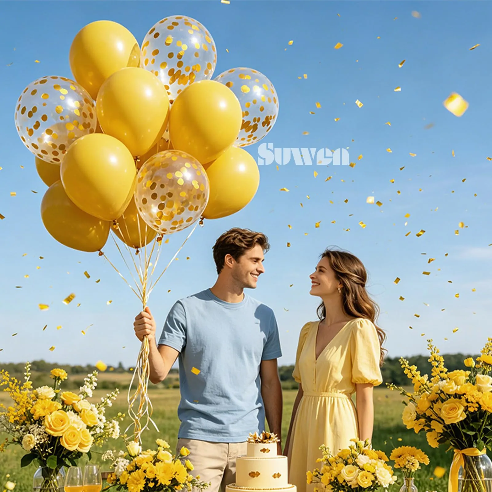 SUWEN 47Pcs Giallo Senape Lattice Confetti Palloncini Set - immagine 2