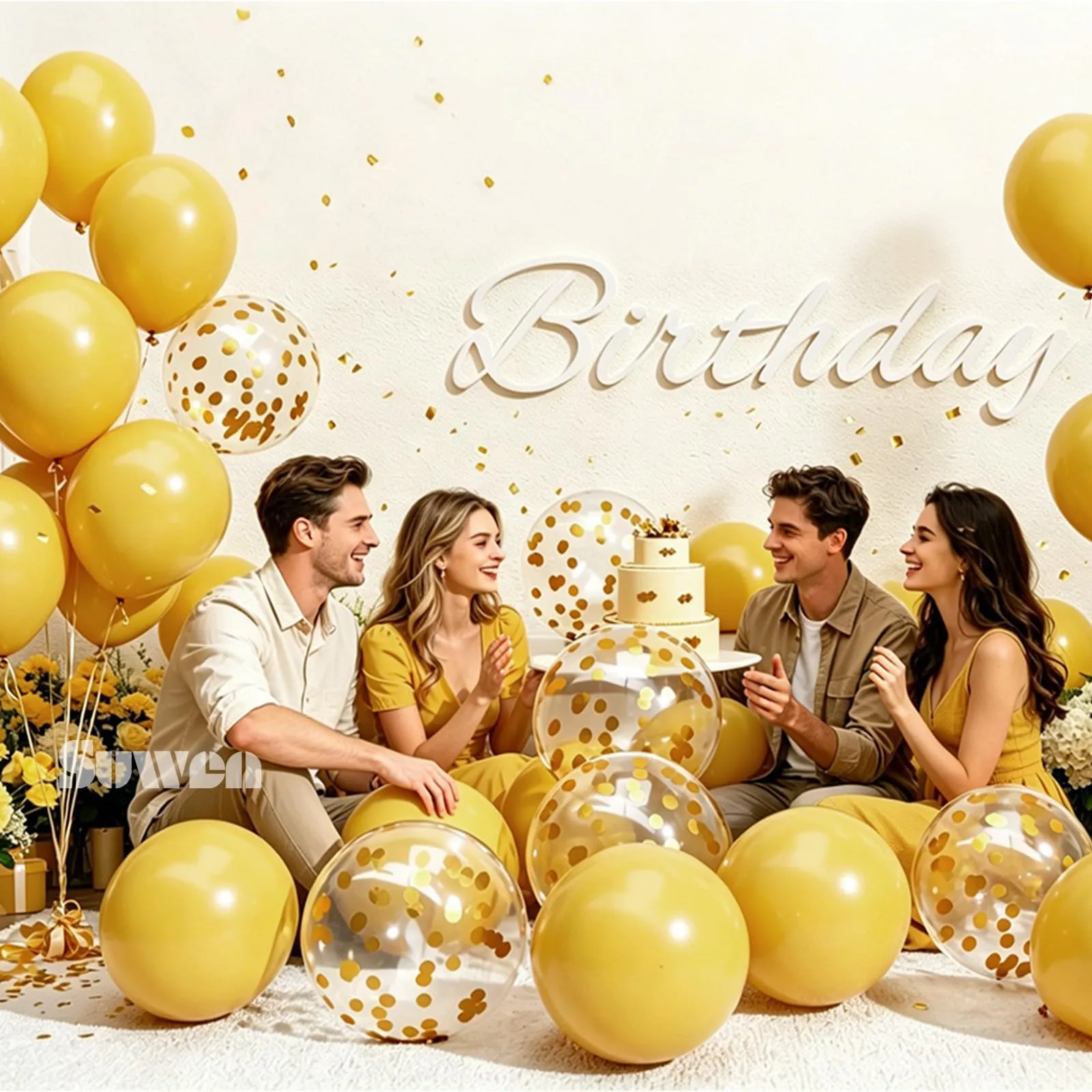 SUWEN 47Pcs Giallo Senape Lattice Confetti Palloncini Set - immagine 3