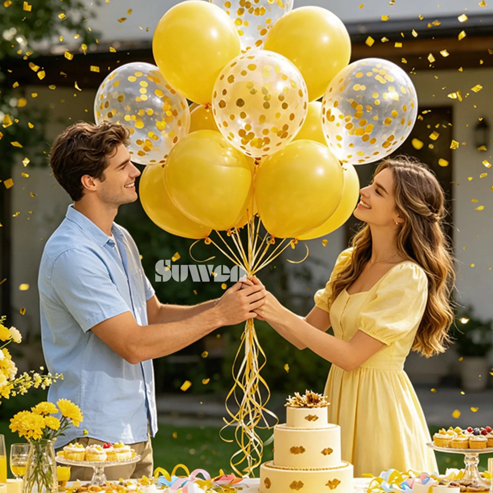 SUWEN 47Pcs Giallo Senape Lattice Confetti Palloncini Set - immagine 5