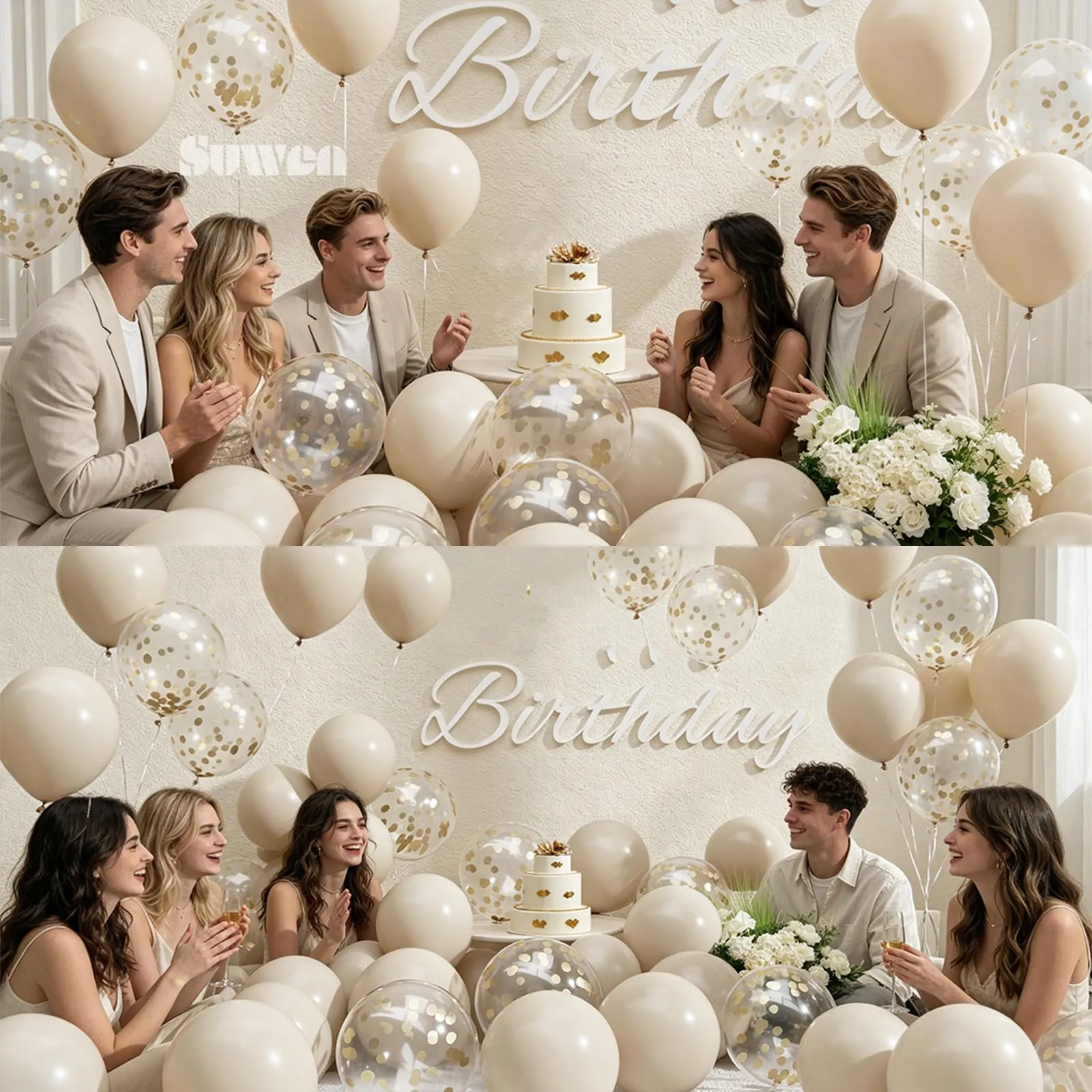 SUWEN 47Pcs Bianco Sabbia Lattice Confetti Palloncini Set - immagine 3