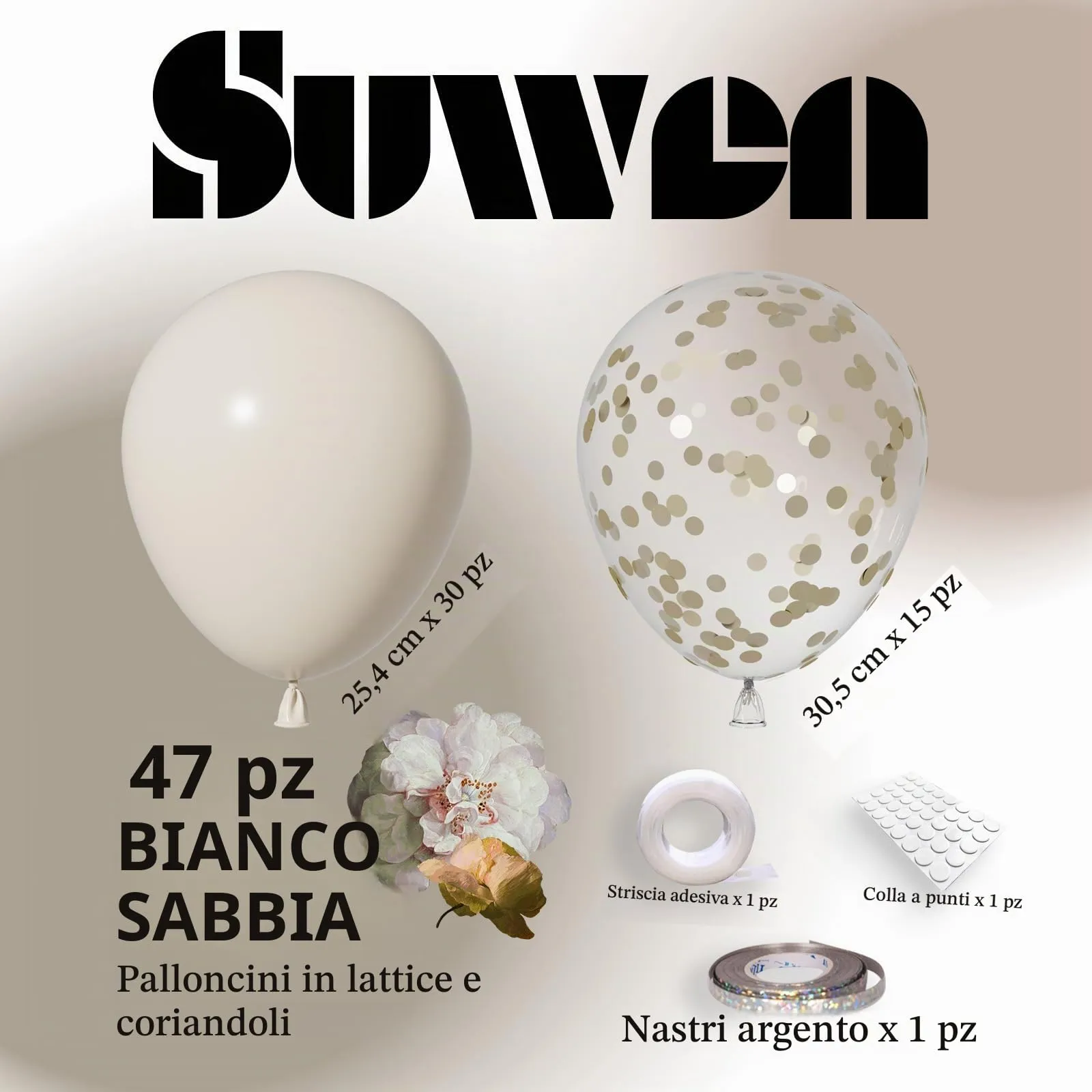 SUWEN 47Pcs Bianco Sabbia Lattice Confetti Palloncini Set - immagine 5