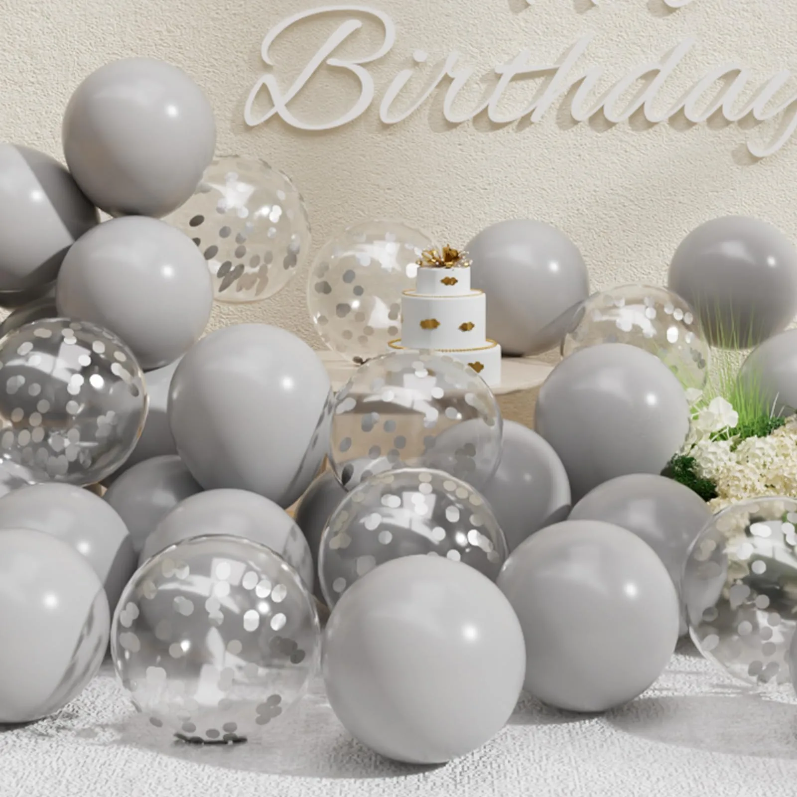 SUWEN 47Pcs Grigio Lattice Confetti Palloncini Set - immagine 1