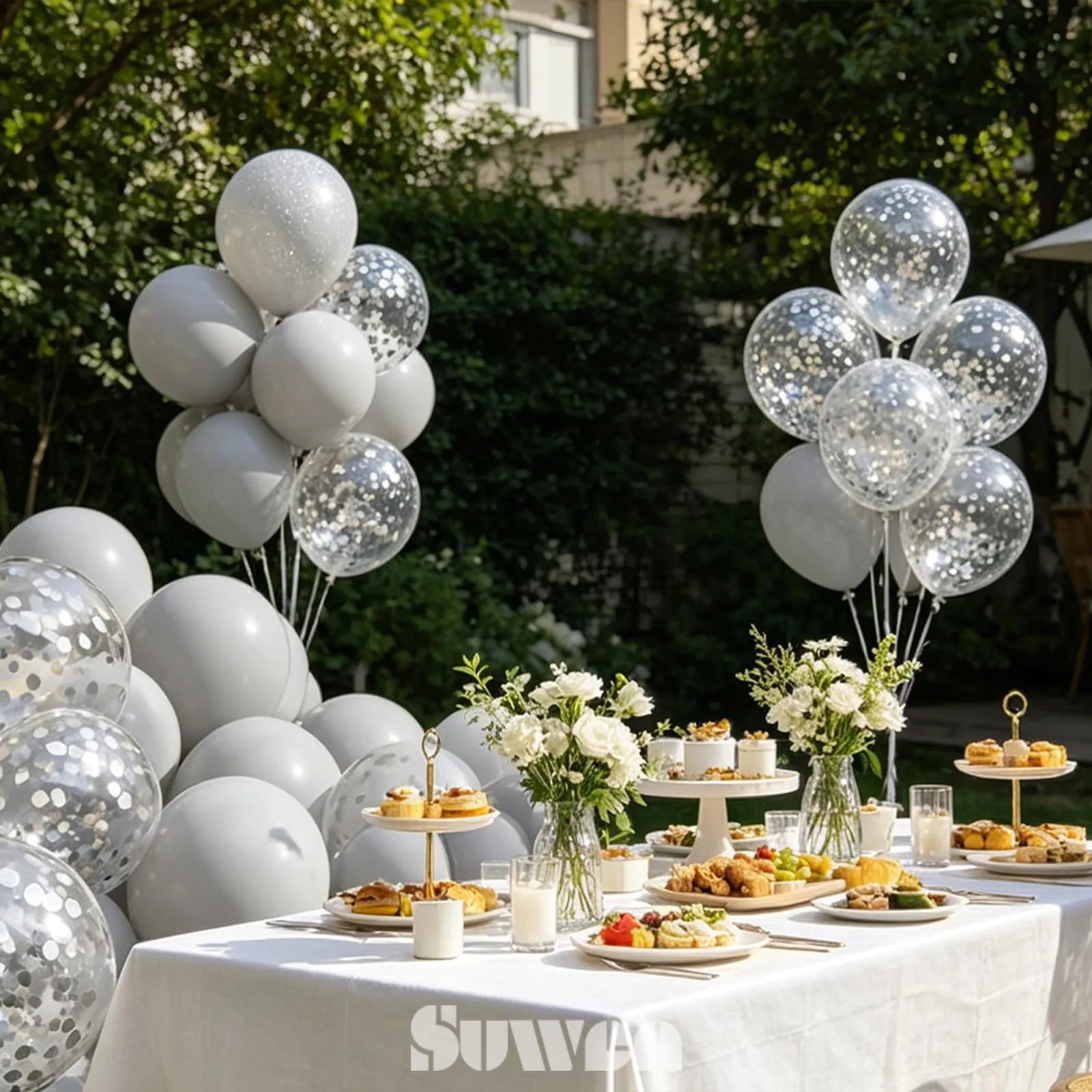 SUWEN 47Pcs Grigio Lattice Confetti Palloncini Set - immagine 3