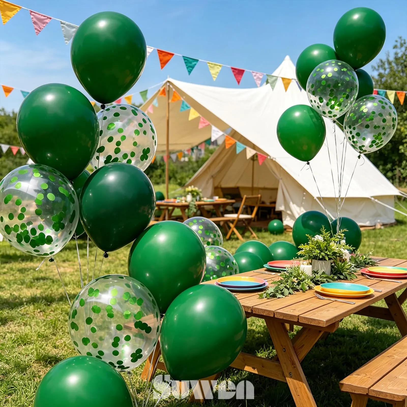 SUWEN 47Pcs Verde Scuro Lattice Confetti Palloncini Set - immagine 2