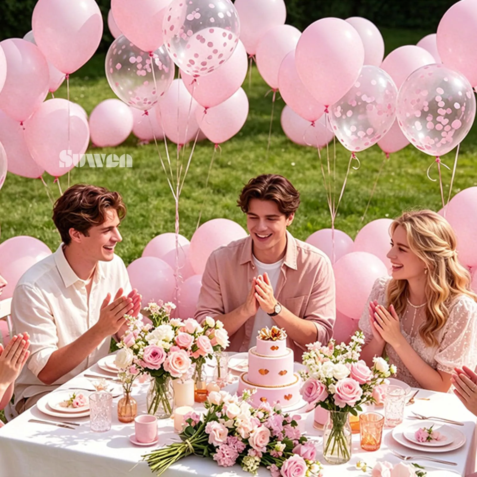 SUWEN 47Pcs Rosa Chiaro Lattice Confetti Palloncini Set - immagine 3