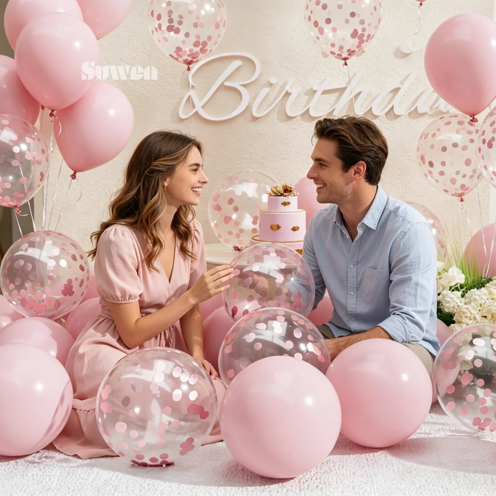 SUWEN 47Pcs Rosa Chiaro Lattice Confetti Palloncini Set - immagine 4