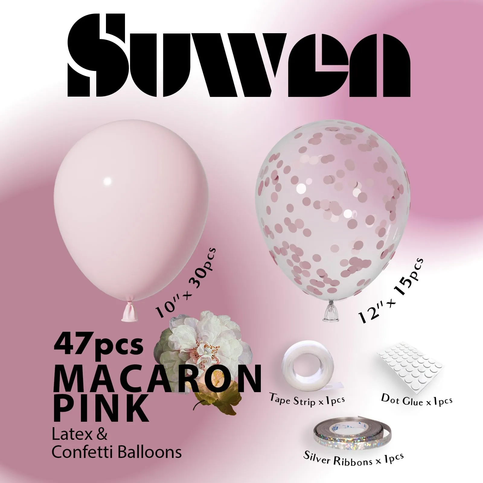 SUWEN 47Pcs Rosa Chiaro Lattice Confetti Palloncini Set - immagine 5