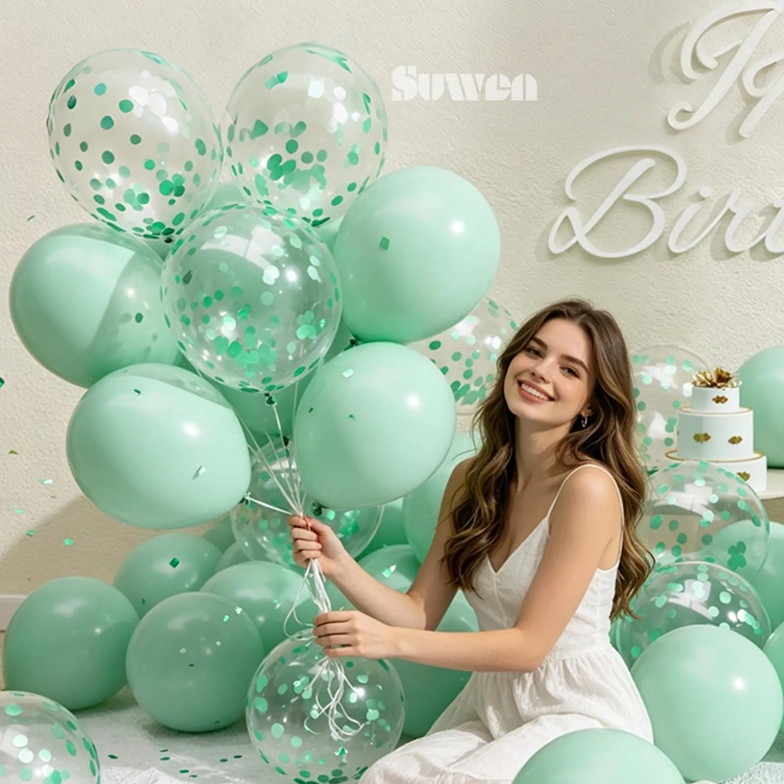SUWEN 47Pcs Menta Verde Lattice Confetti Palloncini Set - immagine 2
