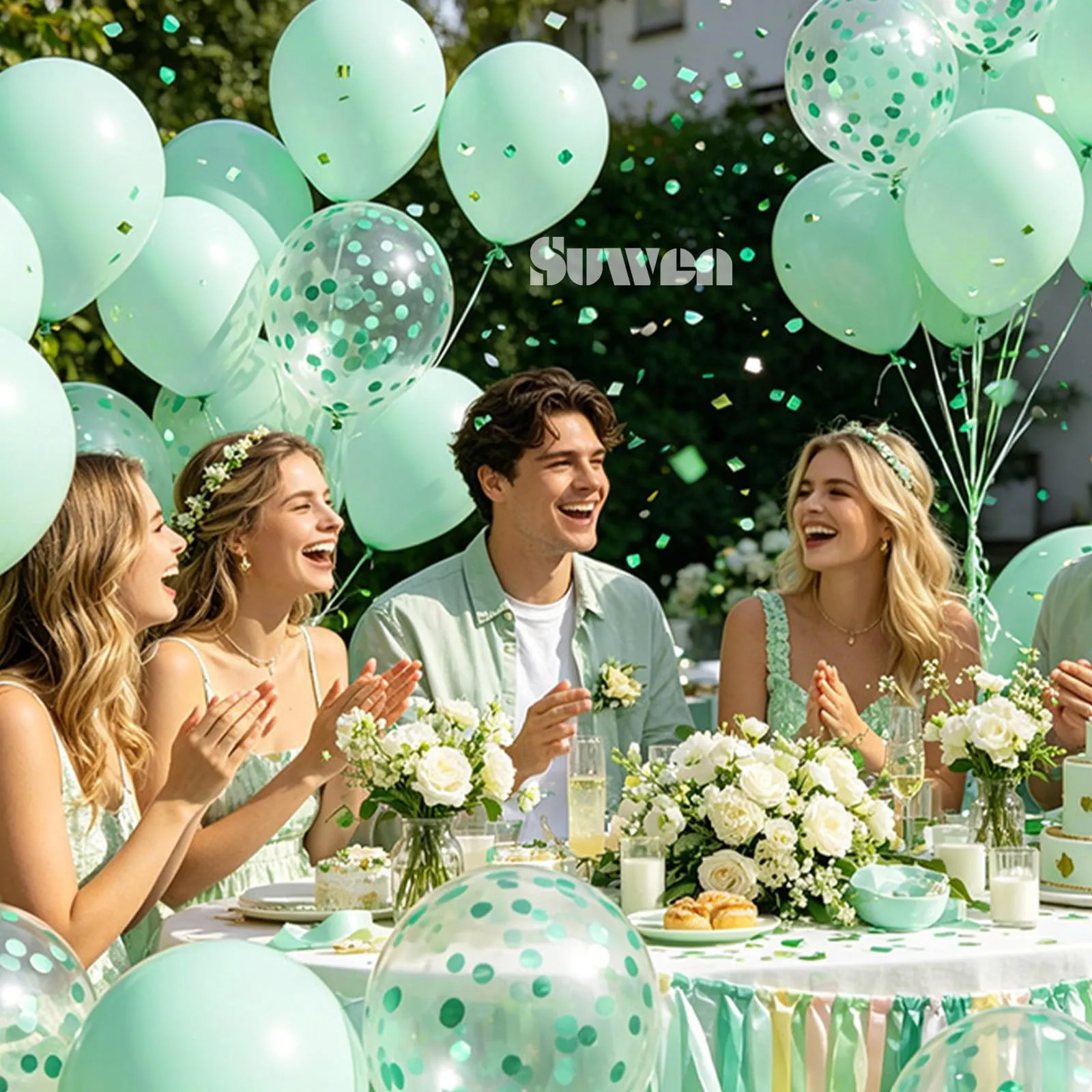 SUWEN 47Pcs Menta Verde Lattice Confetti Palloncini Set - immagine 3