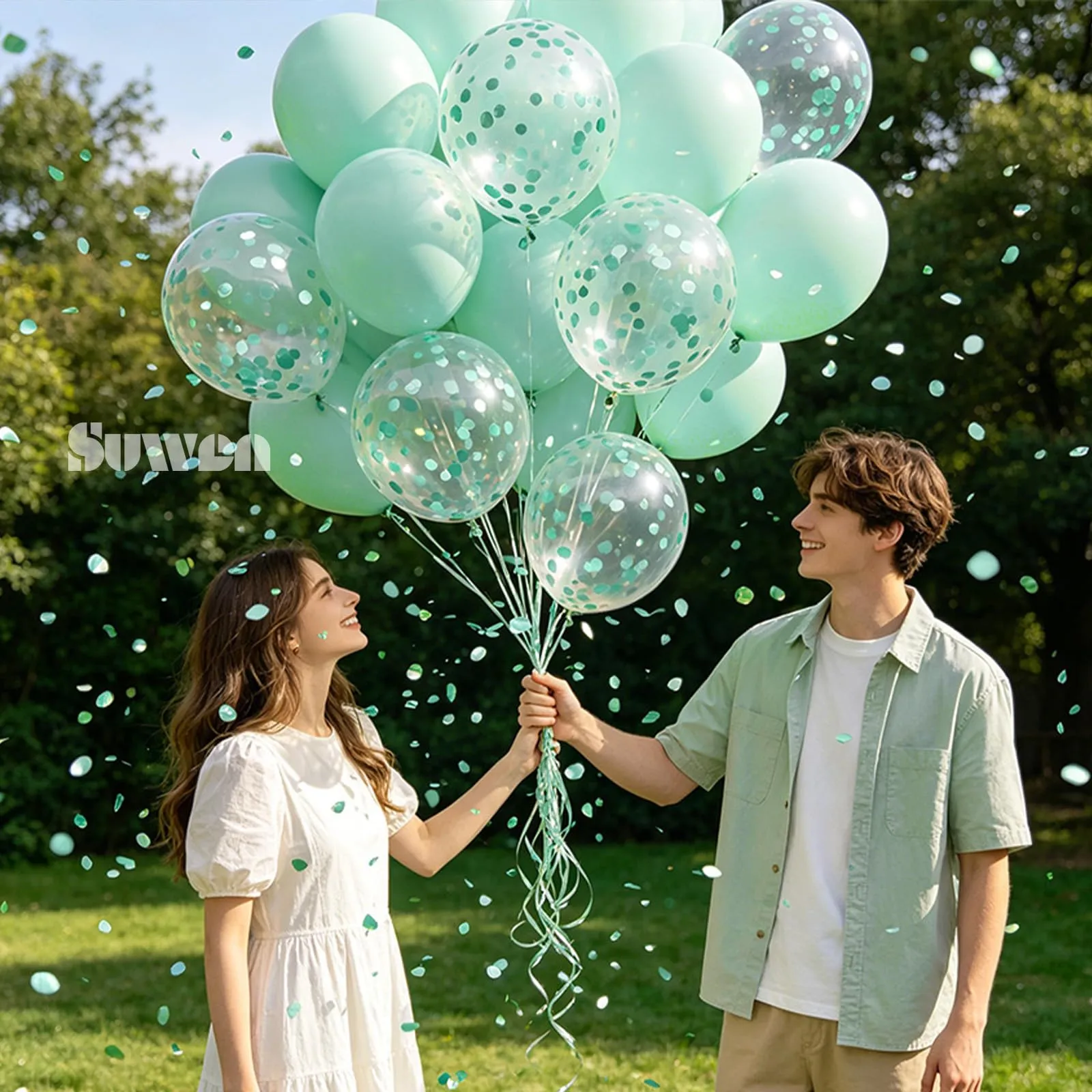 SUWEN 47Pcs Menta Verde Lattice Confetti Palloncini Set - immagine 4
