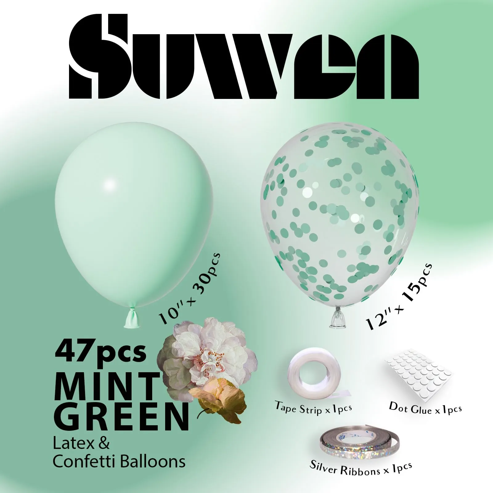 SUWEN 47Pcs Menta Verde Lattice Confetti Palloncini Set - immagine 6