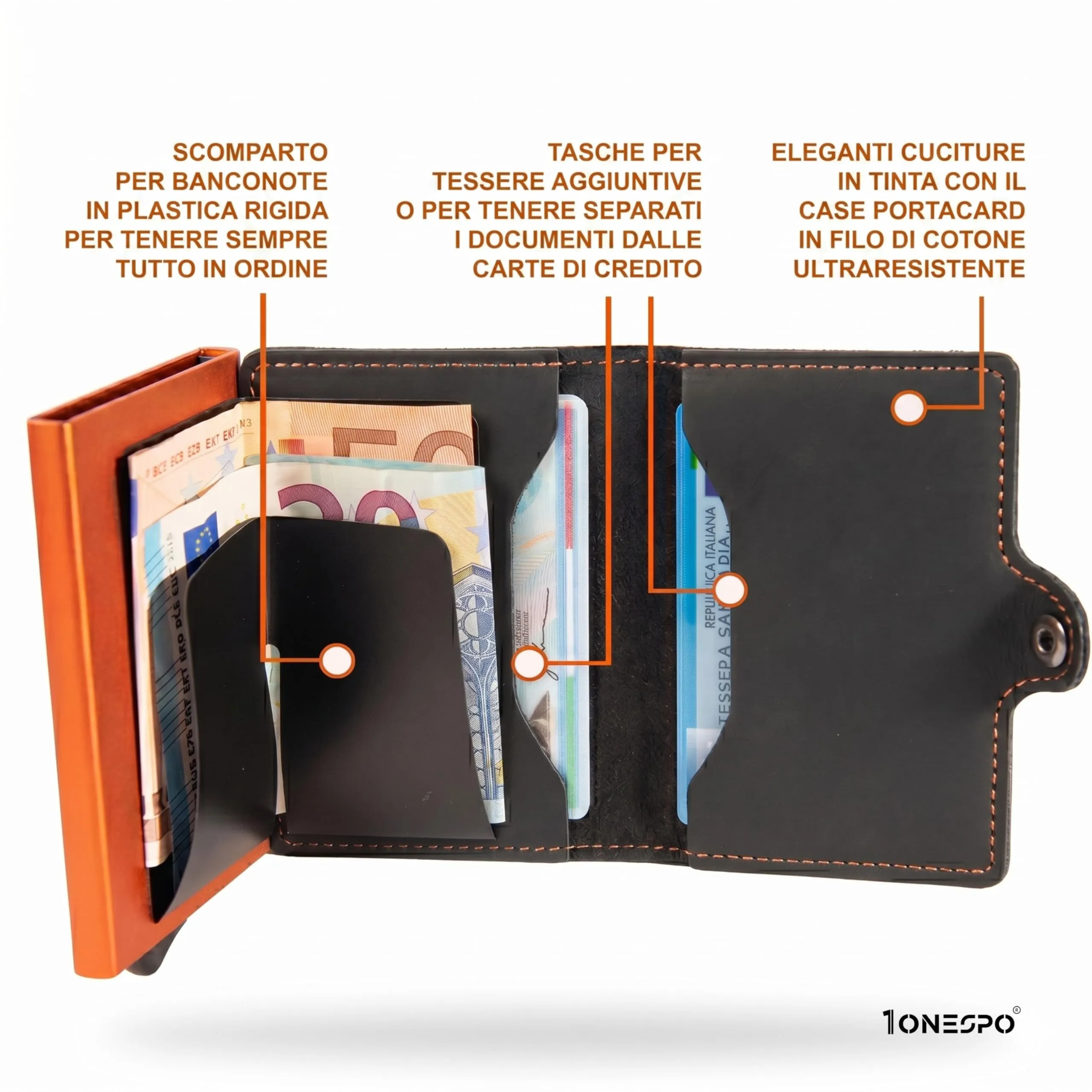 1ONESPO Porta Carte Uomo con portamonete e contanti - Portacarte Uomo - Porta Tessere Uomo tascabile protezione RFID, Nero-Arancione Vintage - immagine 2