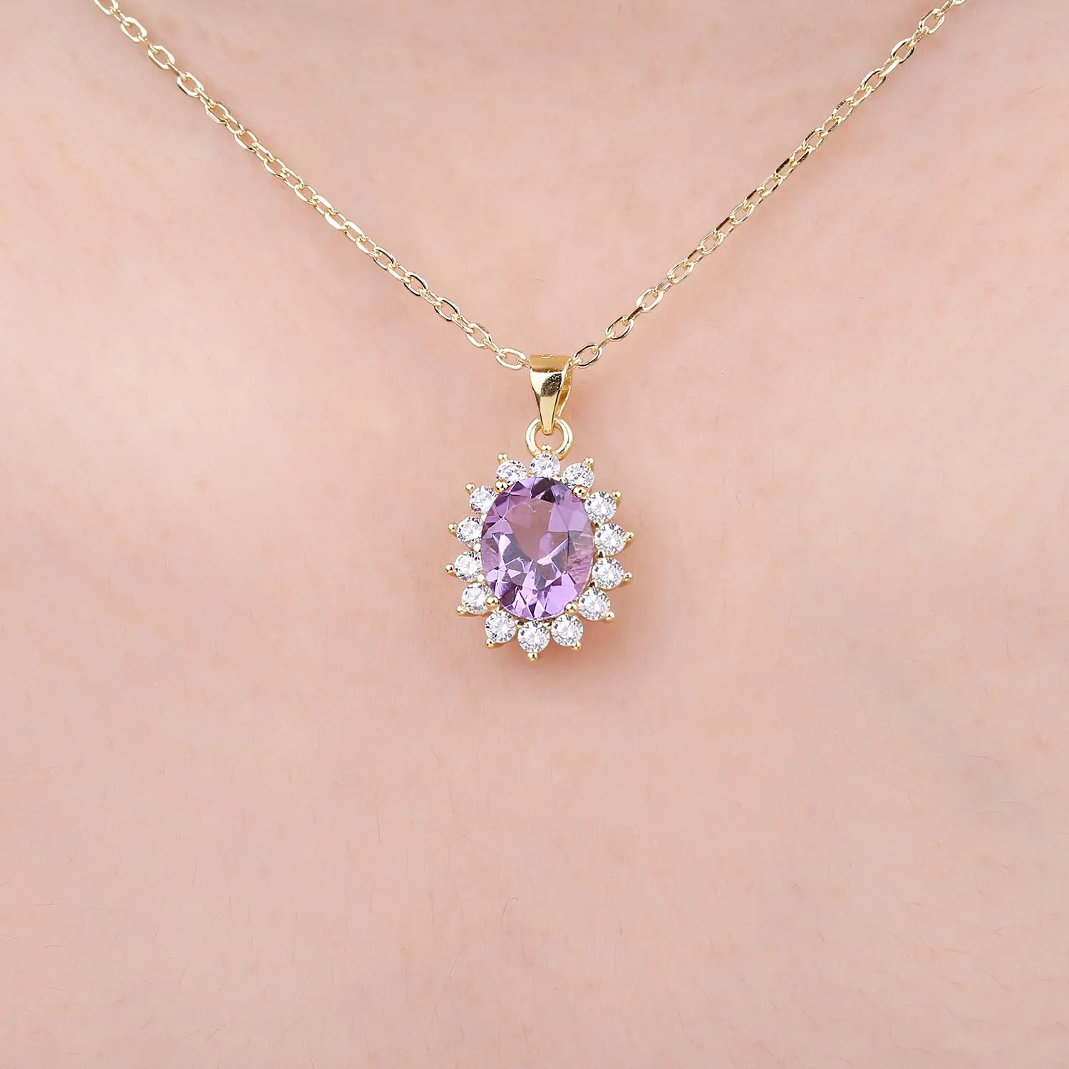 JewelryPalace 1.8ct Collana Donna Kate Middleton placcato oro giallo 14K Amethyst Colored Cubic Zirconia, Princess Diana William Collana Ciondolo Ovale Catena 45cm, Collane Pendenti Oro Set Gioielli - immagine 4