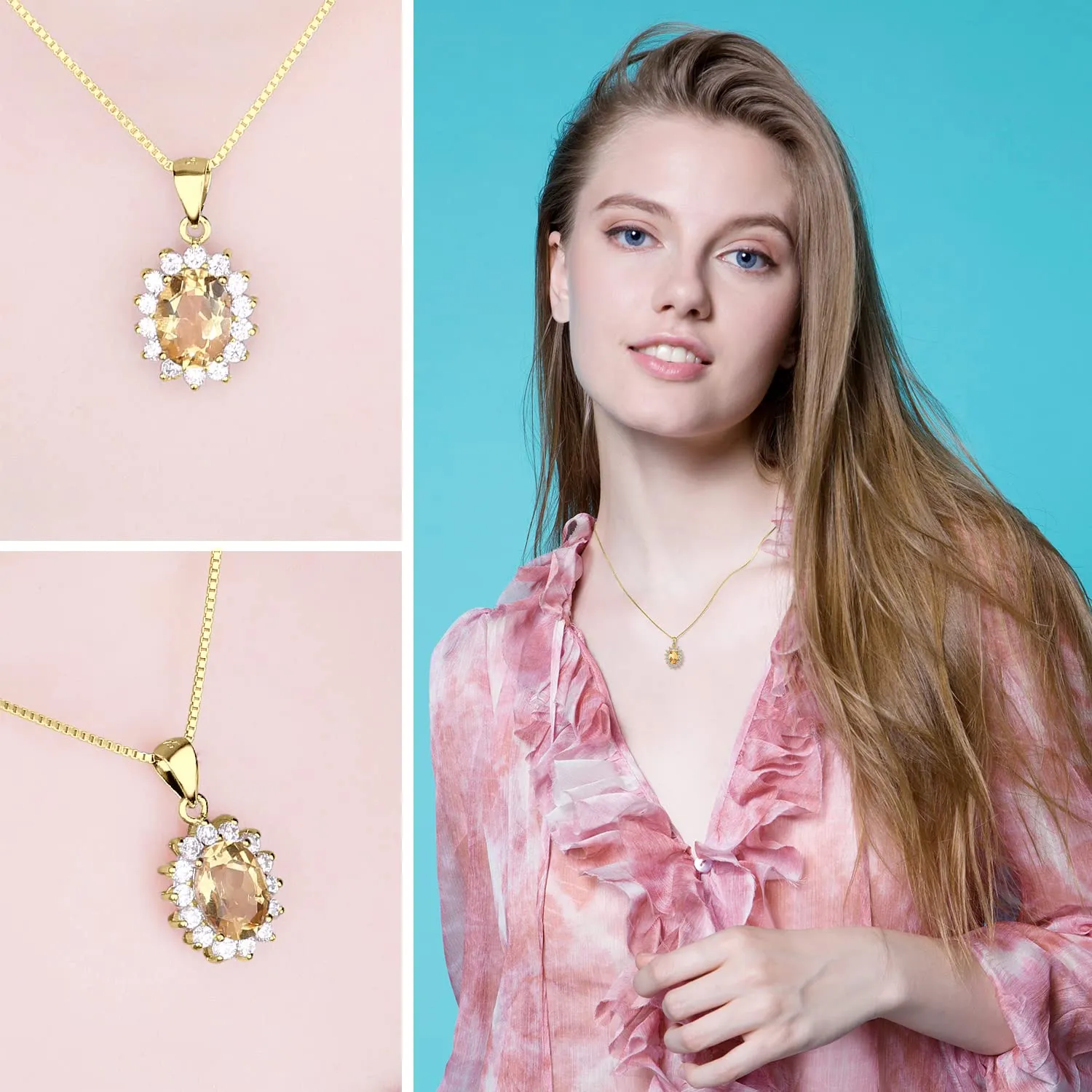 JewelryPalace 1.8ct Collana Donna Kate Middleton placcato oro giallo 14K con Citrine Colored Nano Crystal, Princess Diana William Collana Ciondolo Ovale Catena 45cm, Collane Pendenti Oro Set Gioielli - immagine 4