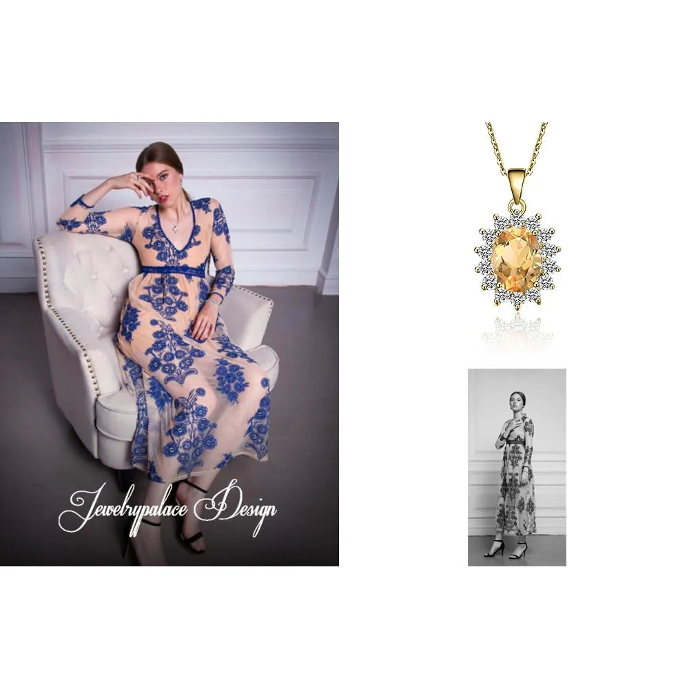 JewelryPalace 1.8ct Collana Donna Kate Middleton placcato oro giallo 14K con Citrine Colored Nano Crystal, Princess Diana William Collana Ciondolo Ovale Catena 45cm, Collane Pendenti Oro Set Gioielli - immagine 6