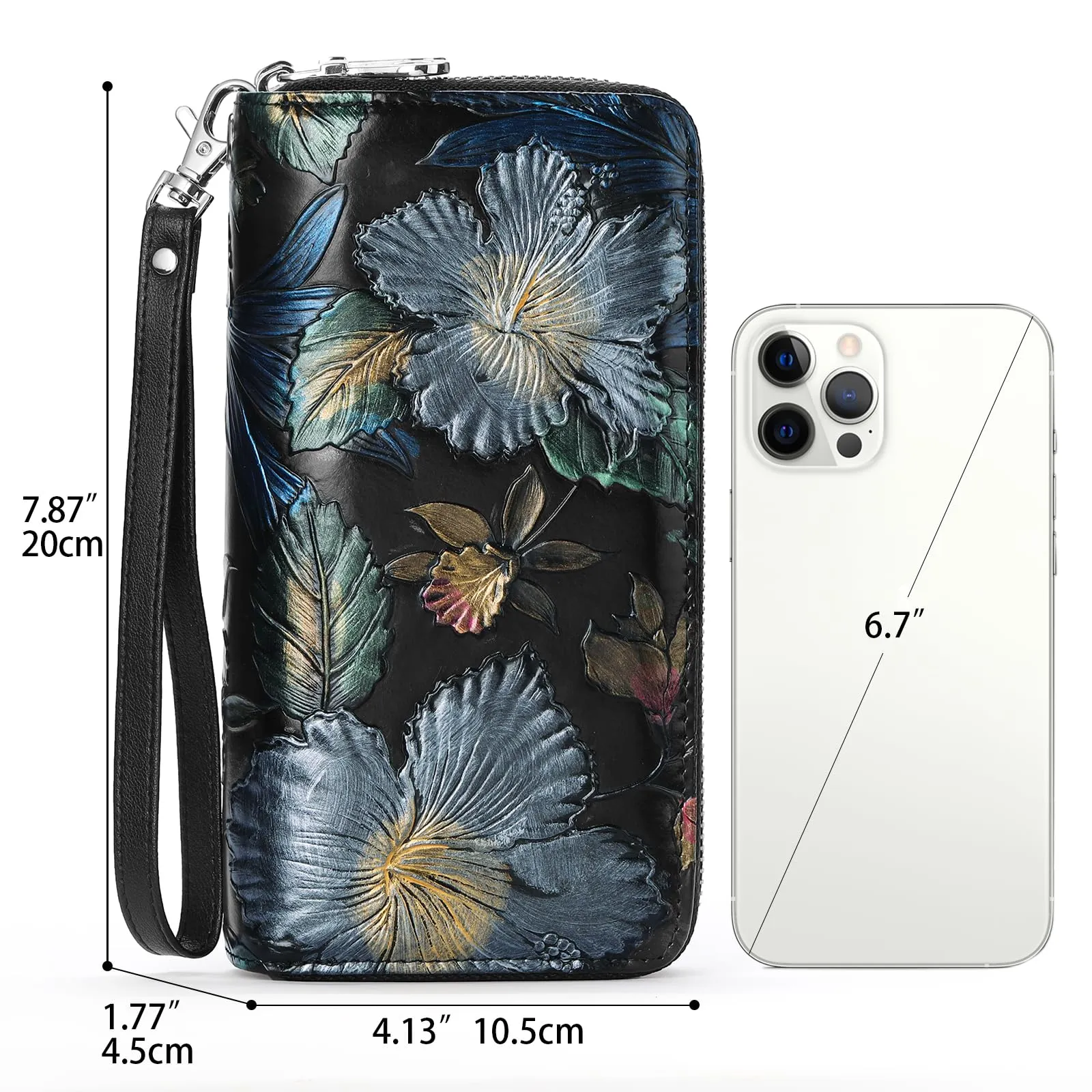 GOIACII Portafoglio da donna con doppia cerniera, grande protezione RFID, in pelle, con cinturino da polso, tasca lunga per cellulare con stampa floreale, L, Rétro - immagine 2