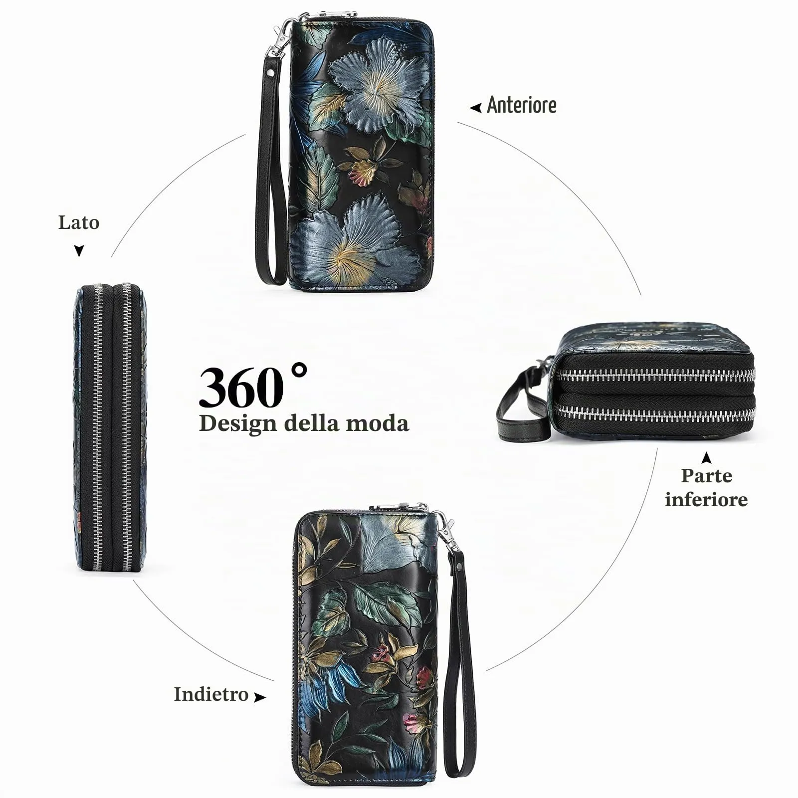 GOIACII Portafoglio da donna con doppia cerniera, grande protezione RFID, in pelle, con cinturino da polso, tasca lunga per cellulare con stampa floreale, L, Rétro - immagine 4