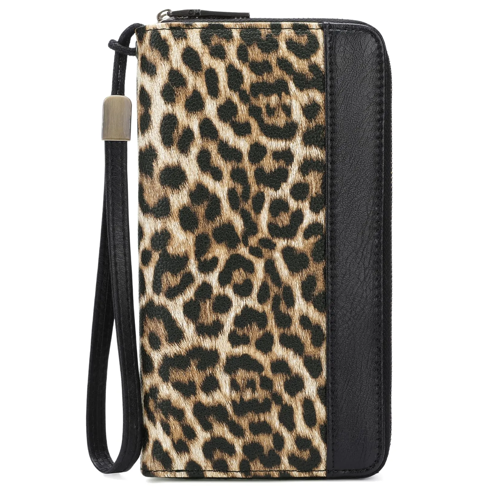 GOIACII Portafoglio da donna con doppia cerniera, grande protezione RFID, in pelle, con cinturino da polso, tasca lunga per cellulare con stampa floreale, A12-nero leopardato, L, Rétro - immagine 1