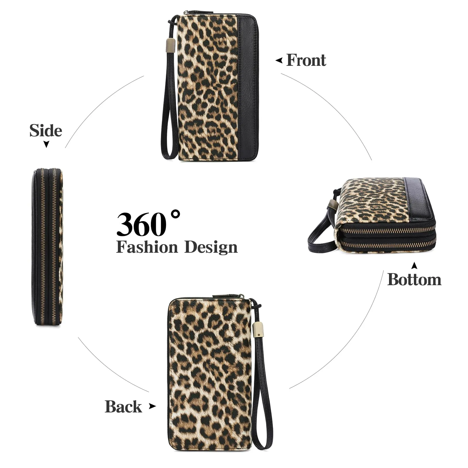 GOIACII Portafoglio da donna con doppia cerniera, grande protezione RFID, in pelle, con cinturino da polso, tasca lunga per cellulare con stampa floreale, A12-nero leopardato, L, Rétro - immagine 5